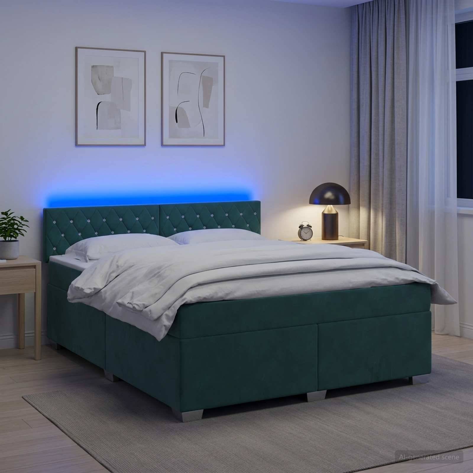Modernes Schlafzimmer mit blaugrünem gepolstertem Bett, weißer Bettwäsche, blauem LED-Kopfteilglanz, Nachttischen, Wandkunst in Rahmen, Lampe und Vorhängen.