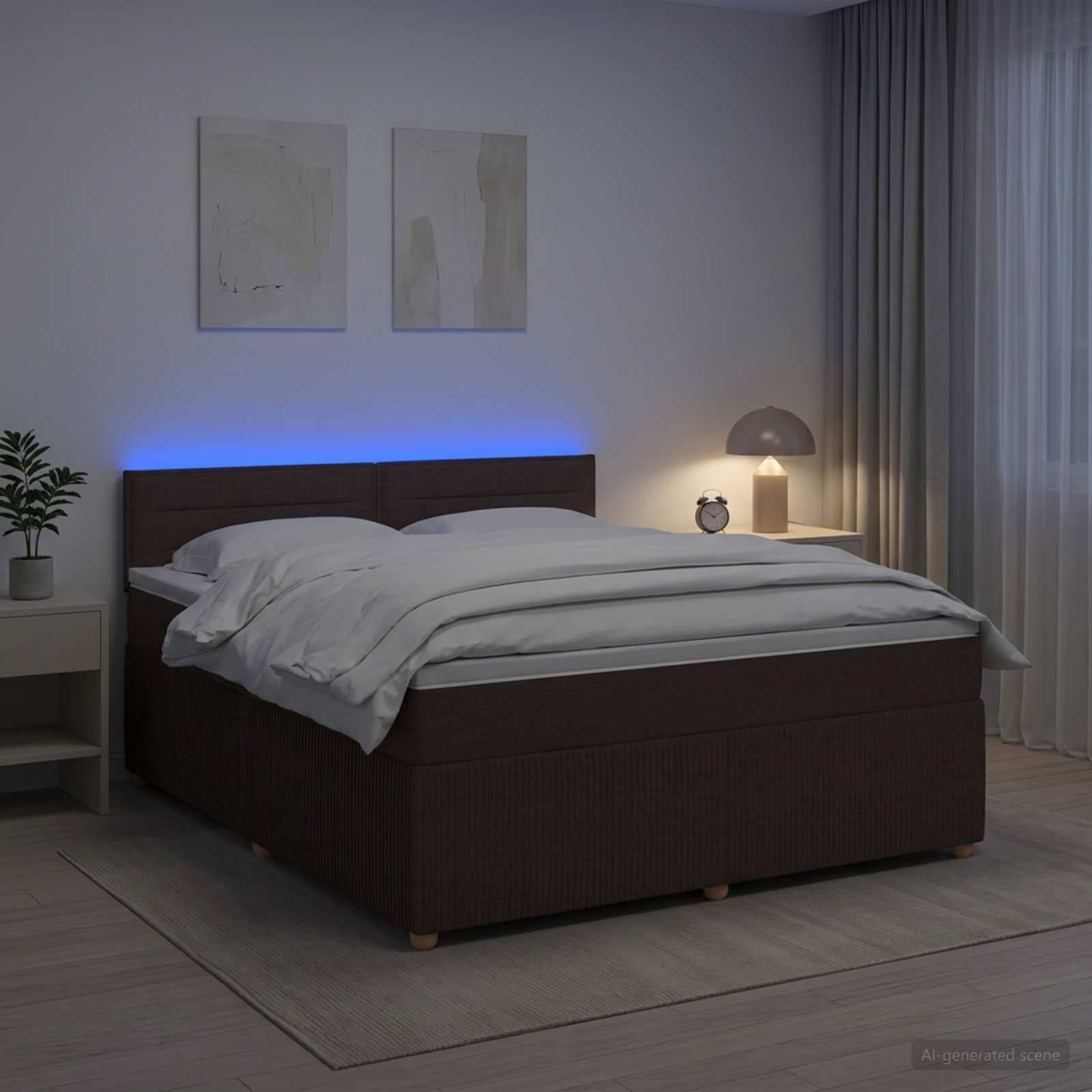 Modernes Schlafzimmer mit einem Bett aus weißer Bettwäsche, blauer Hintergrundbeleuchtung hinter dem Kopfteil, Nachttischlampe und Uhr, Vorhängen und Wandkunst.