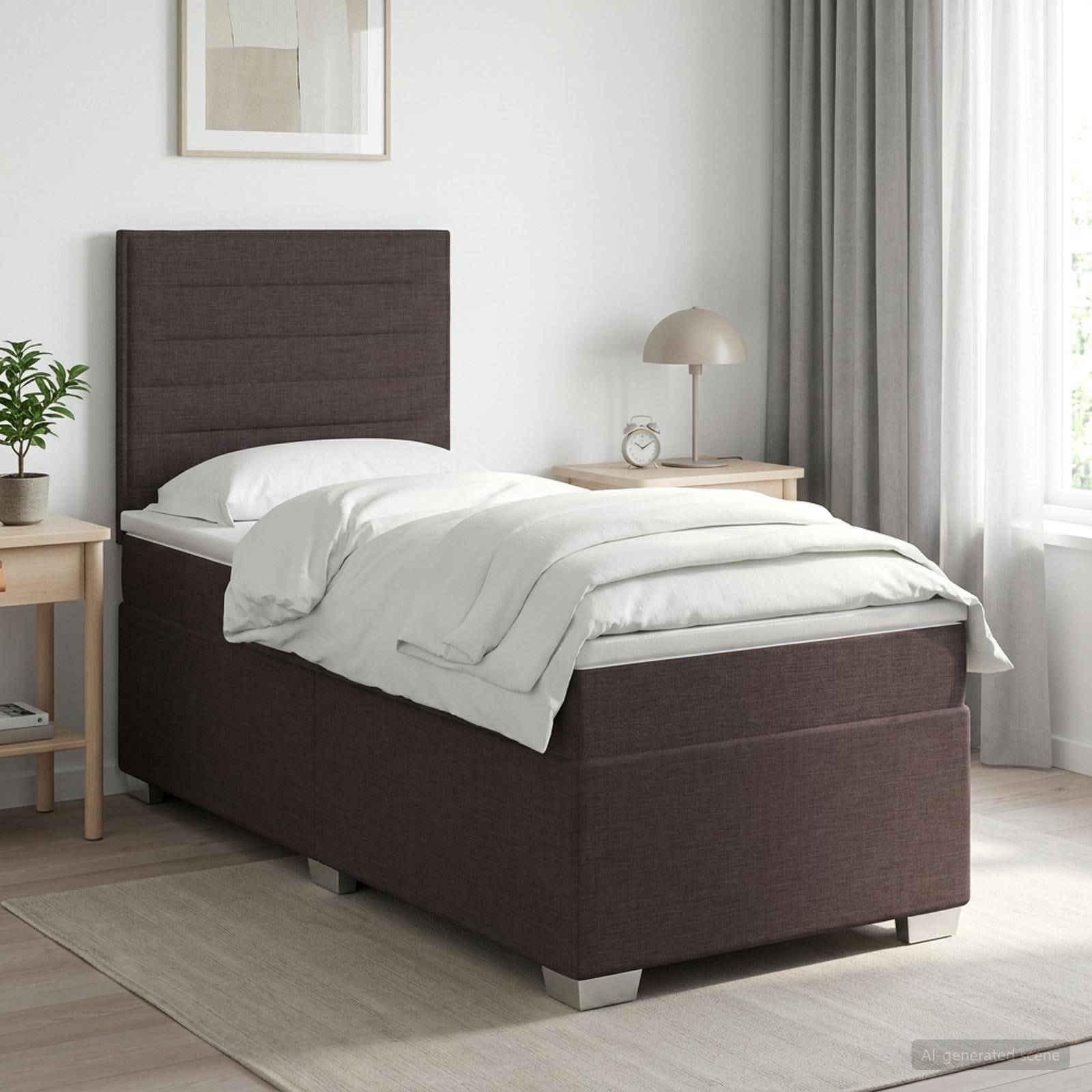 Modernes Einzelbett mit dunkel gepolstertem Kopfteil und Sockel, ausgestattet mit weißer Bettwäsche in einem hellen, minimalistischen Schlafzimmer mit Nachttischen und Lampe.