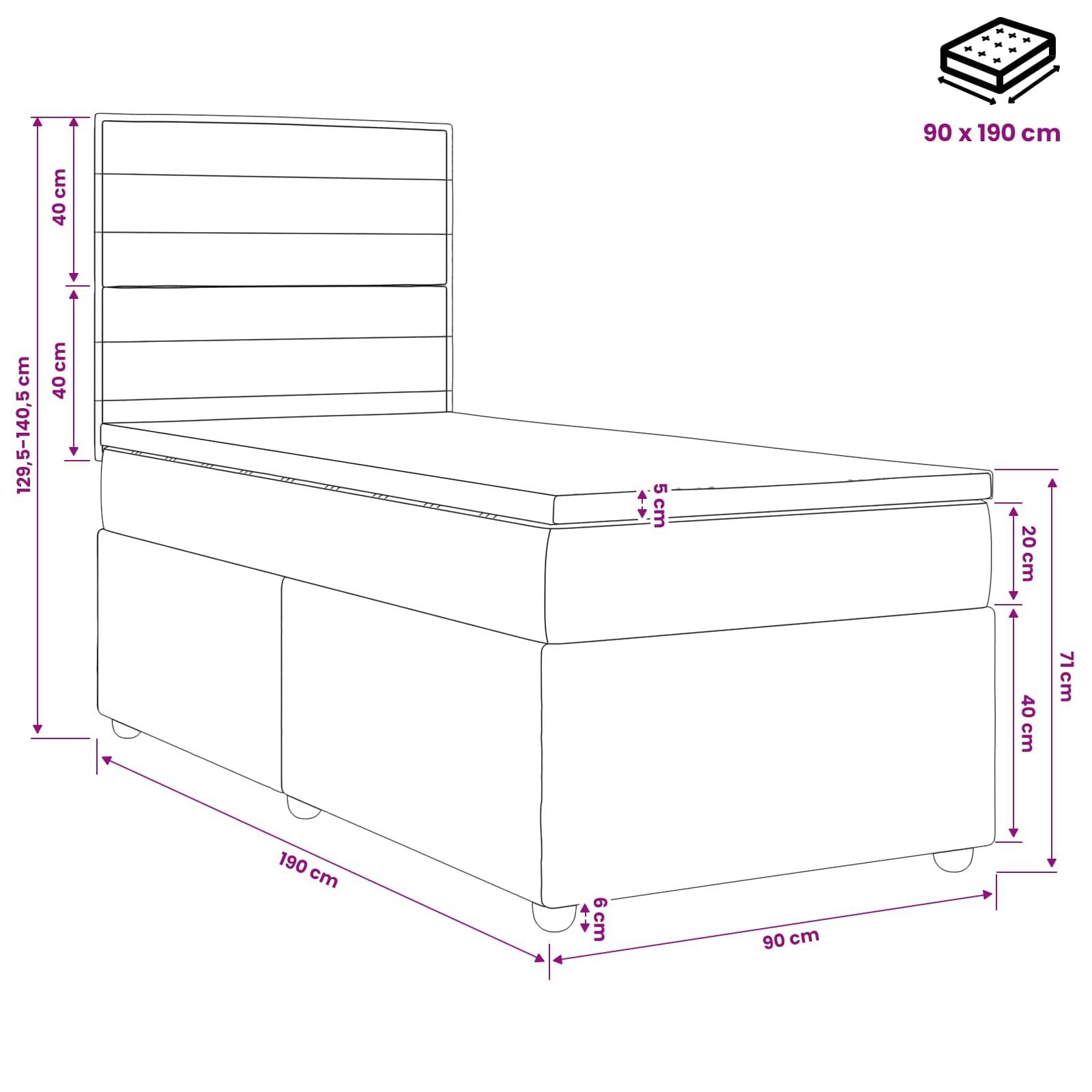 Maßstabgerechte Linienzeichnung eines Einzelbetts mit gepolstertem Kopfteil und Speichersockel, beschriftet mit 190 x 90 cm, mit Höhenmaßen von 71 cm bis 140,5 cm.