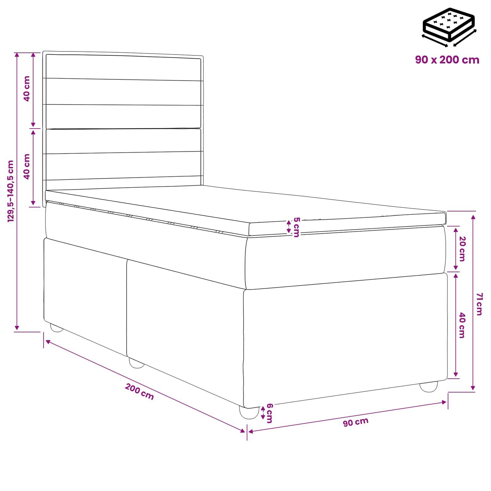Maßstabgetreue Zeichnung eines Einzelbetts mit gepolstertem Kopfteil und Speichersockel; Matratze 90 x 200 cm, Bett 200 cm lang und 90 cm breit, Kopfteilhöhe 129,5–140,5 cm.