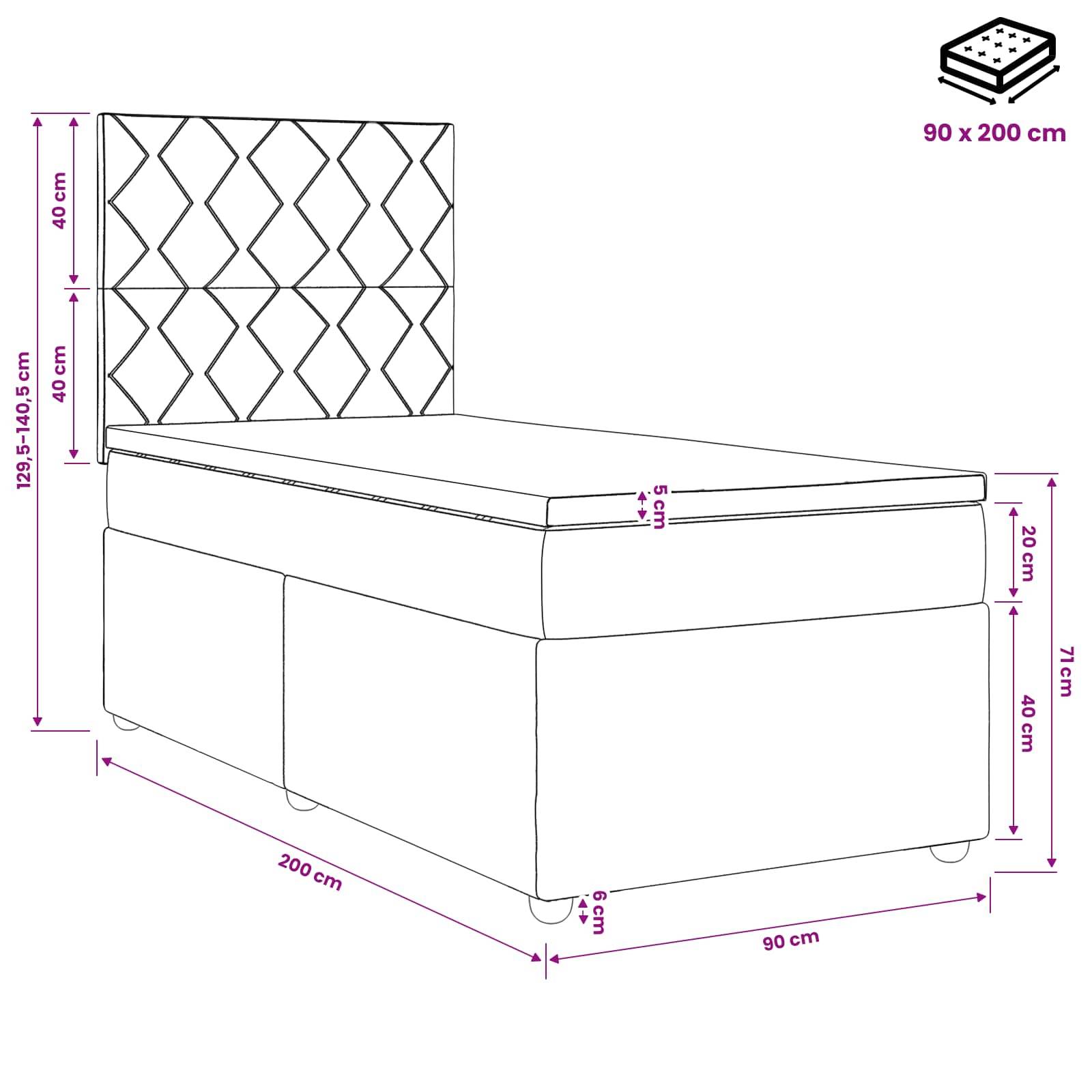 Bemaßtes Diagramm eines Einzelbetts mit gepolstertem Kopfteil, das die Matratzengröße 90 x 200 cm und die Gesamtmessungen zeigt: 90 cm breit, 200 cm lang, 129,5-140,5 cm hoch.