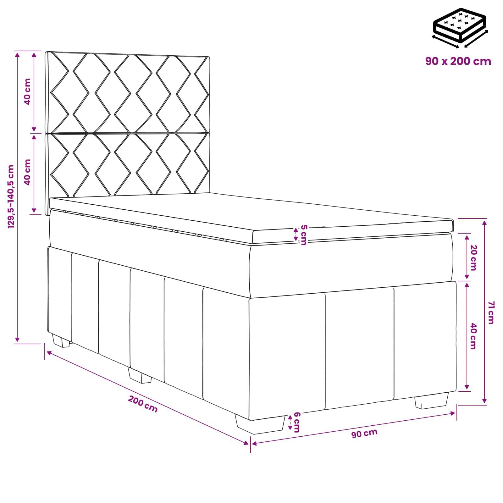 Maßstabzeichnung eines gepolsterten Bettes mit hohem gestepptem Kopfteil und Speicherbasis mit den Angaben 200 cm lang, 90 cm breit und 129,5-140,5 cm hoch.