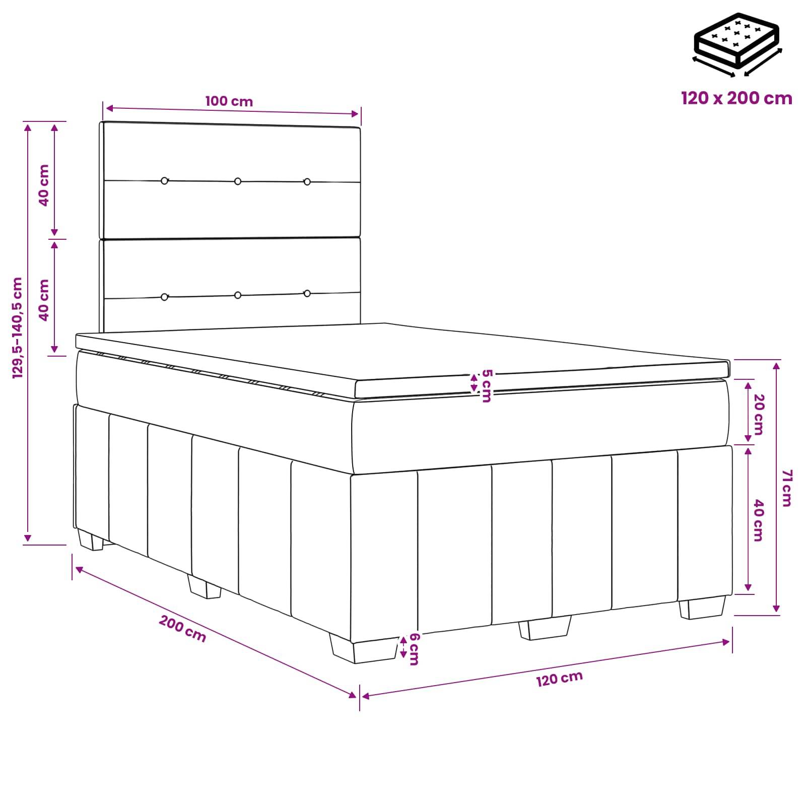 Strichzeichnung eines Einzelbettes mit Abmessungen: Matratze 120 x 200 cm, Kopfteil 100 cm, Gesamthöhe 71 cm und Sockel 20 cm mit 6 cm Beinen.