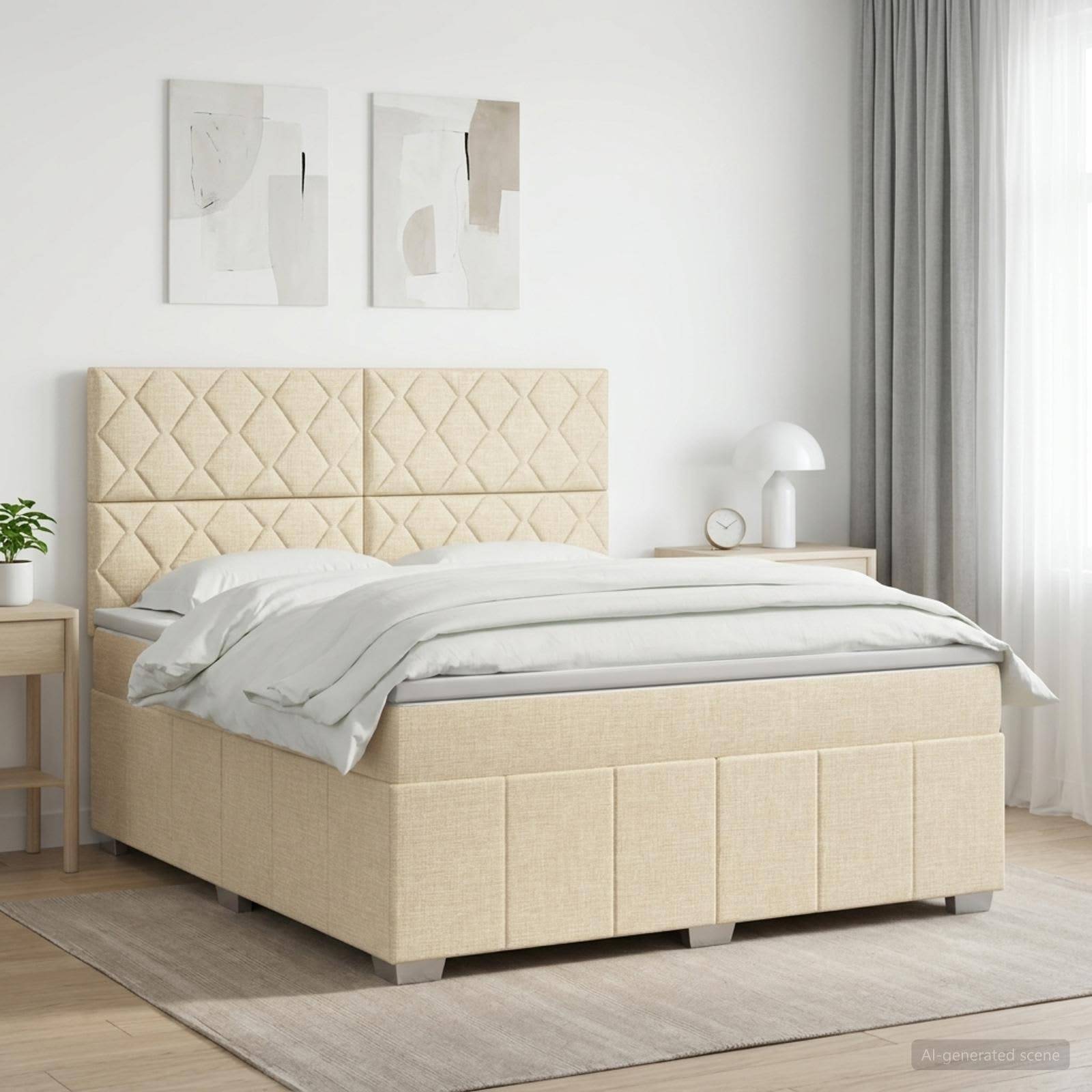 Modernes beiges Polsterbett mit strukturiertem Kopfteil, weiße Bettwäsche, Nachttische und minimalistische Wandkunst in einem hellen Schlafzimmer.