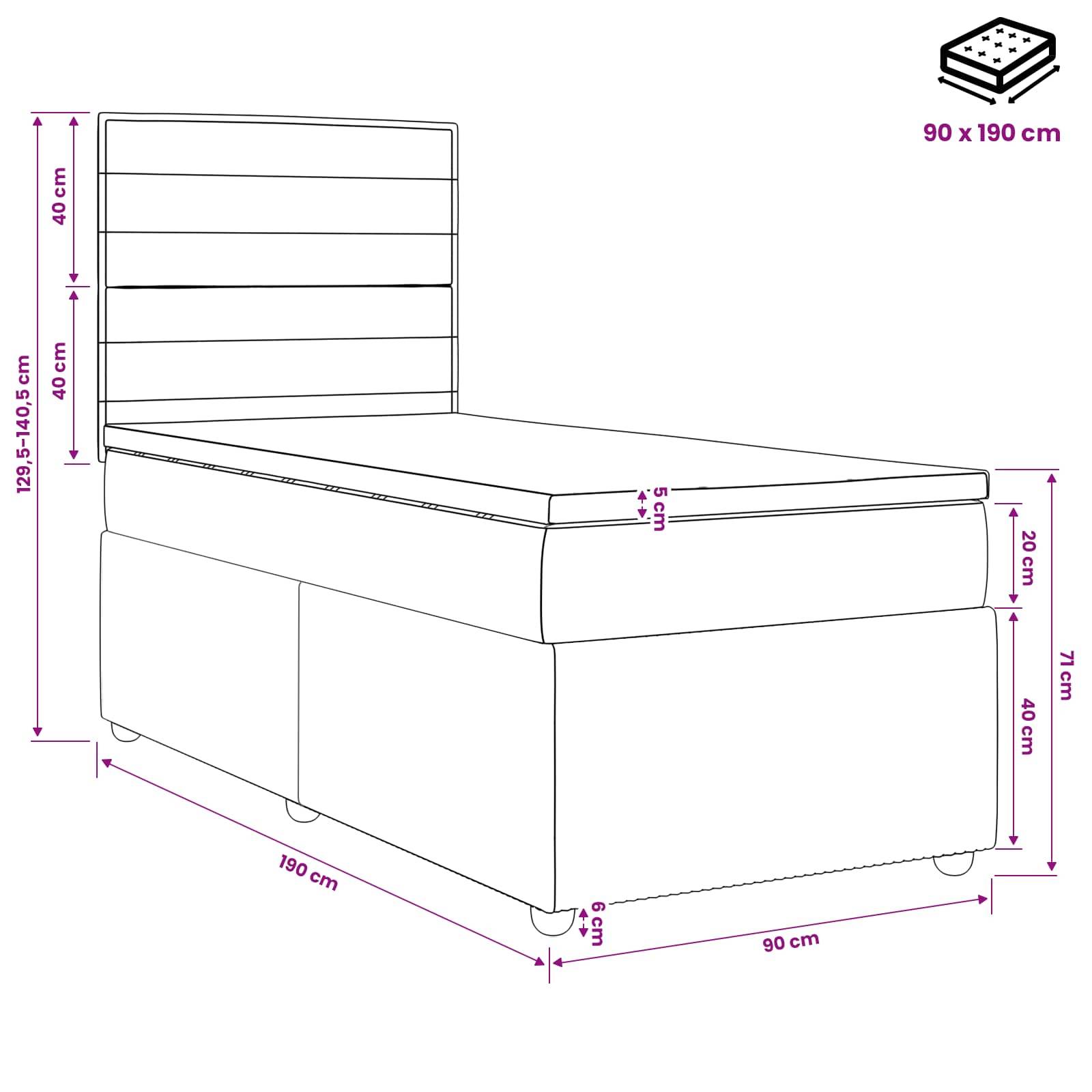 Maßstabgetreue Linienzeichnung eines gepolsterten Bettes mit Kopfteil, die eine Matratzengrö­ße von 90 x 190 cm und Abmessungen für Höhe, Breite und Tiefe zeigt.