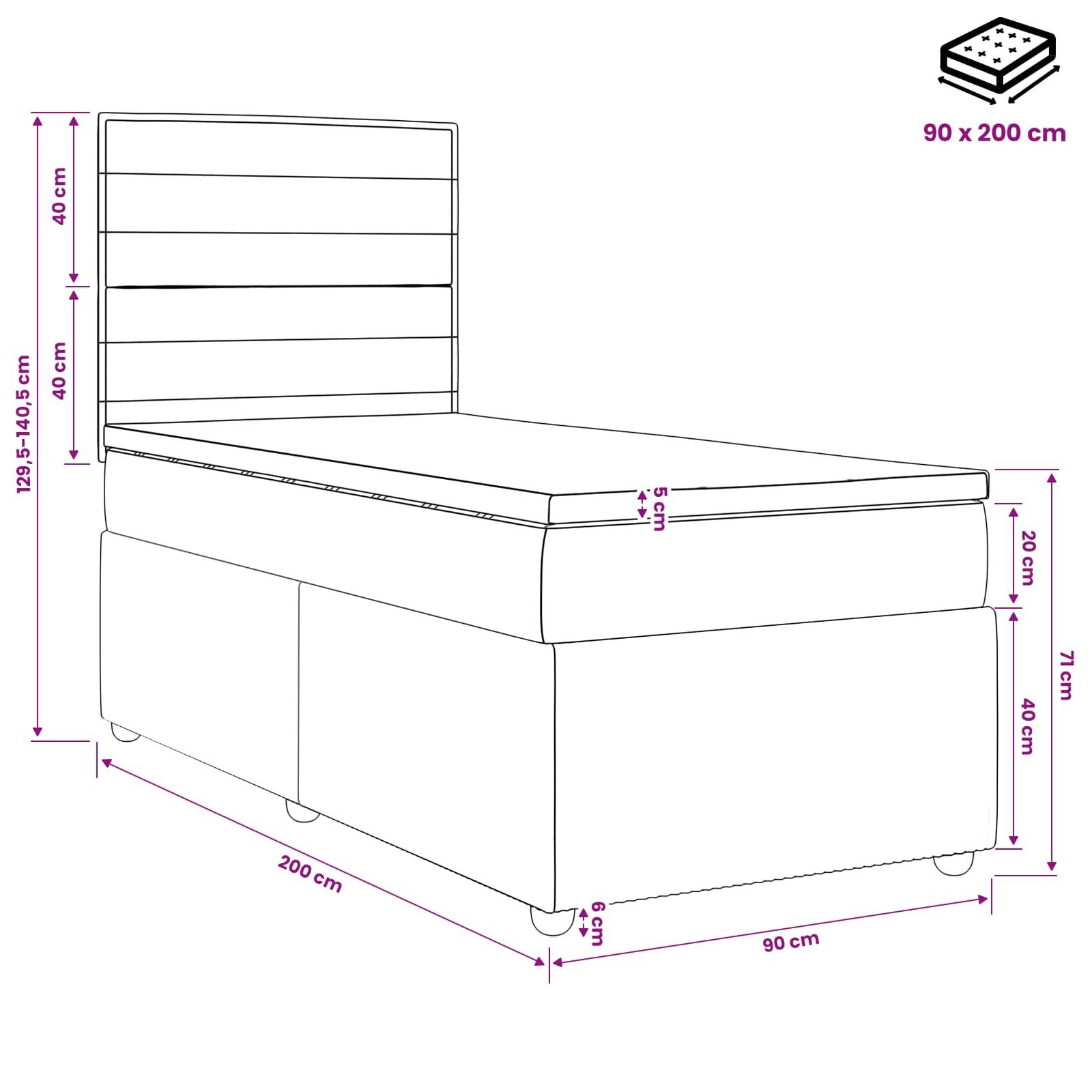 Strichzeichnung eines Einzelbetts mit gepolstertem Kopfteil, mit folgenden Abmessungen: 200 cm lang, 90 cm breit, 129,5-140,5 cm hoch; Matratzenformat 90 x 200 cm.