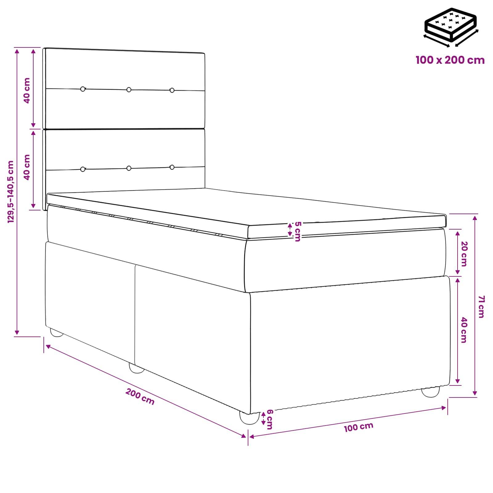Maßstabbezogene Linienzeichnung eines gepolsterten Bettes mit Kopfteil, mit Matratzenformat von 100 x 200 cm und Gesamtabmessungen in Zentimetern.