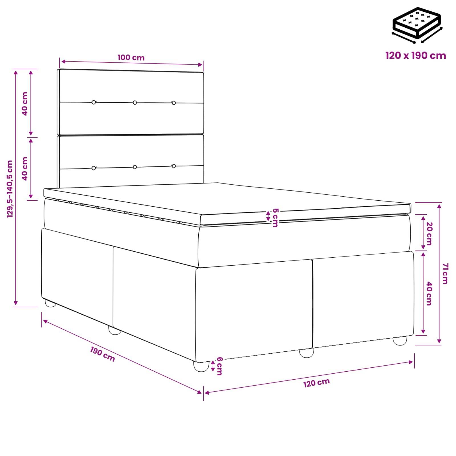 Maßstabgerechte Linienzeichnung eines gepolsterten Betts mit Kopfteil, zeigt die Gesamtgröße von 120 x 190 cm und wichtige Höhen/Breiten in Zentimetern.