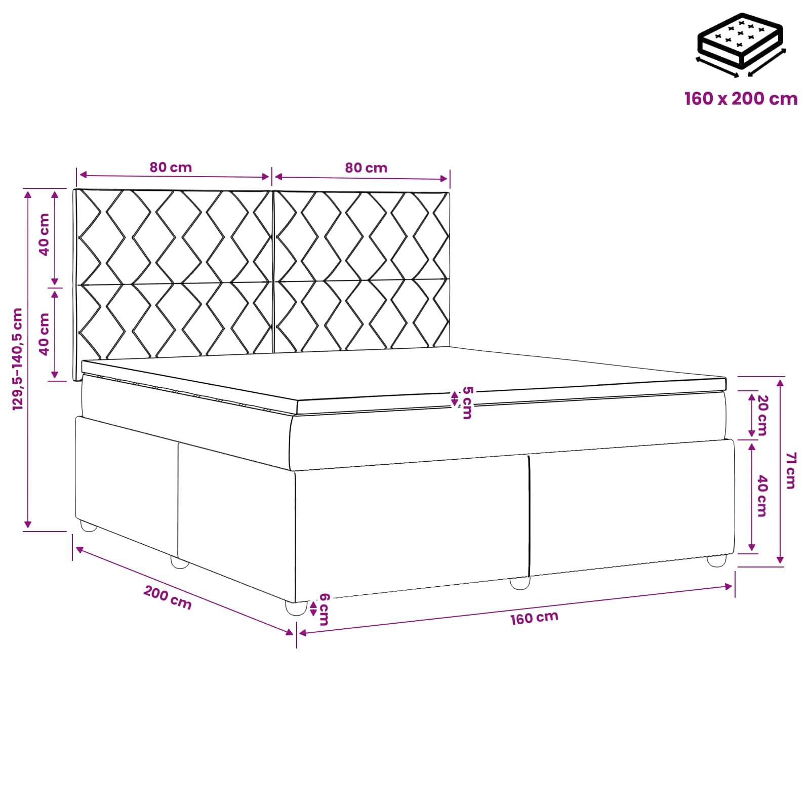 Diagramm eines 160 x 200 cm gepolsterten Bettes mit Abmessungen: 200 cm lang, 160 cm breit, 129,5–140,5 cm hohe Kopfstütze.