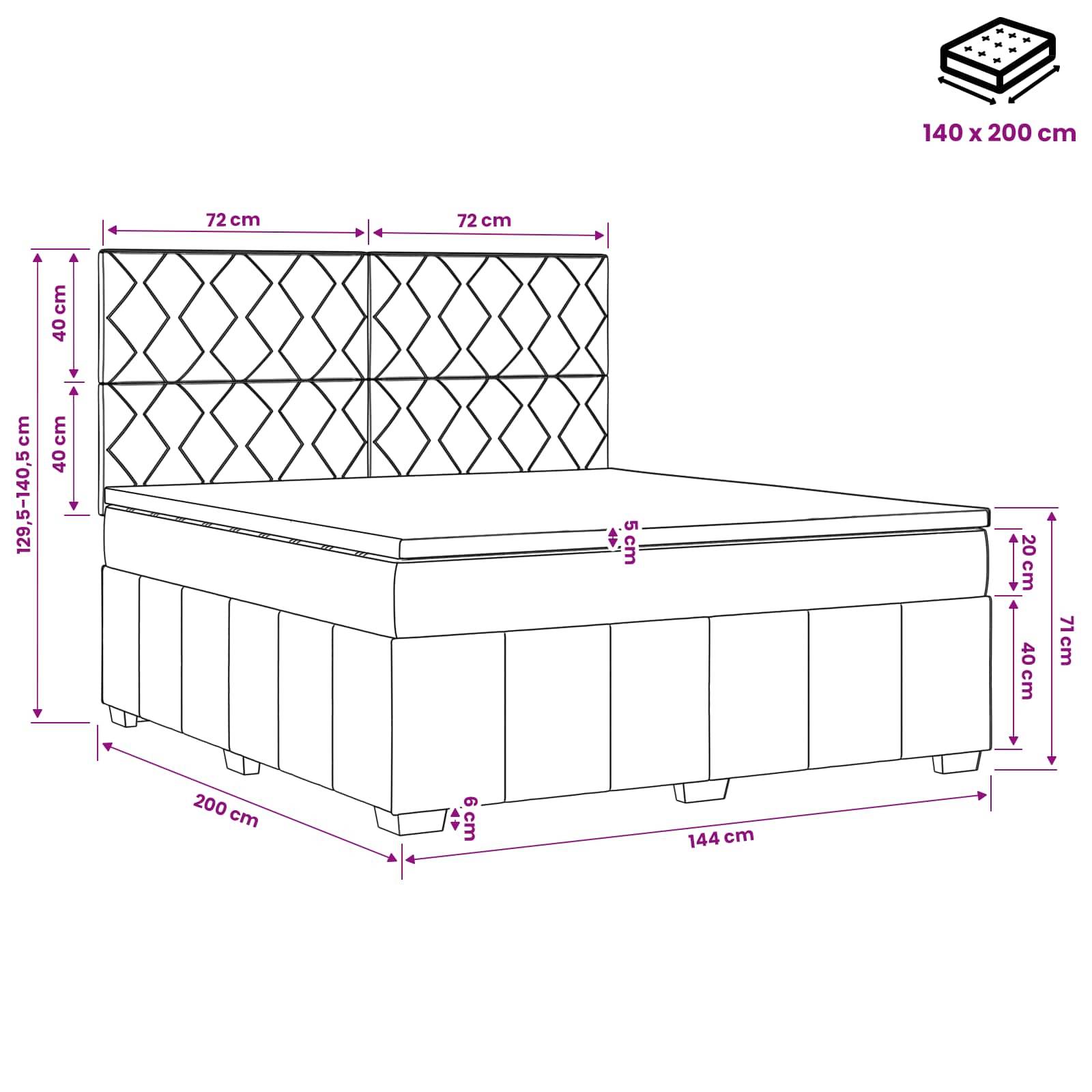 Technische Zeichnung eines Bettes mit gestepptem Kopfteil, beschriftet 140 x 200 cm; Gesamtabmessungen dargestellt als 200 cm lang, 144 cm breit und 129,5–140,5 cm hoch.