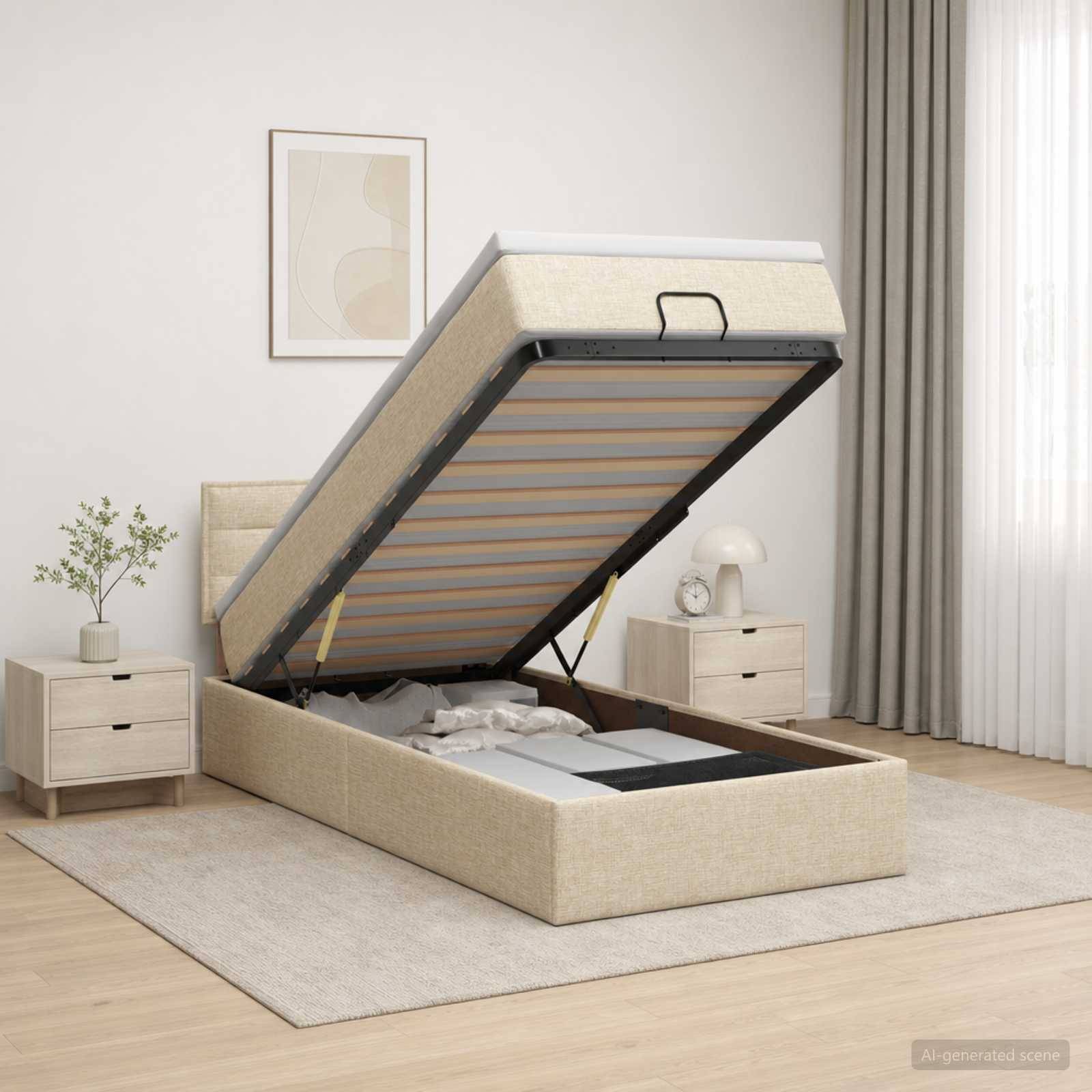 Beiges gepolstertes Bett mit Hubtechnik und Stauraum, wobei die Matratzenplattform angehoben ist und den Stauraum unter dem Bett in einem hellen, minimalistischen Schlafzimmer zeigt.