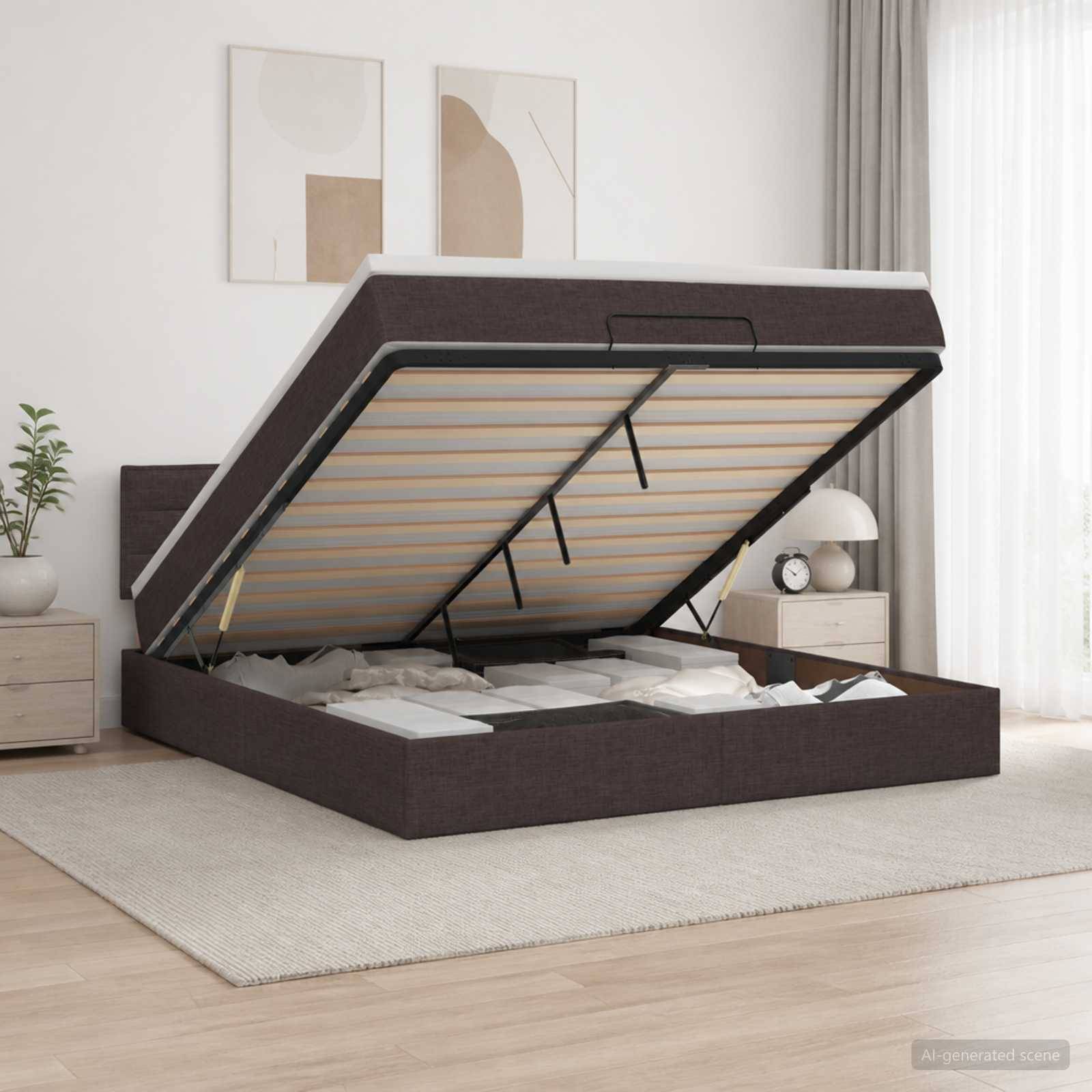 Gepolstertes Bett mit Hubmechanismus und Stauraum, dessen Matratzenplattform angehoben ist, um den Stauraum unter dem Bett in einem hellen Schlafzimmer zu zeigen.