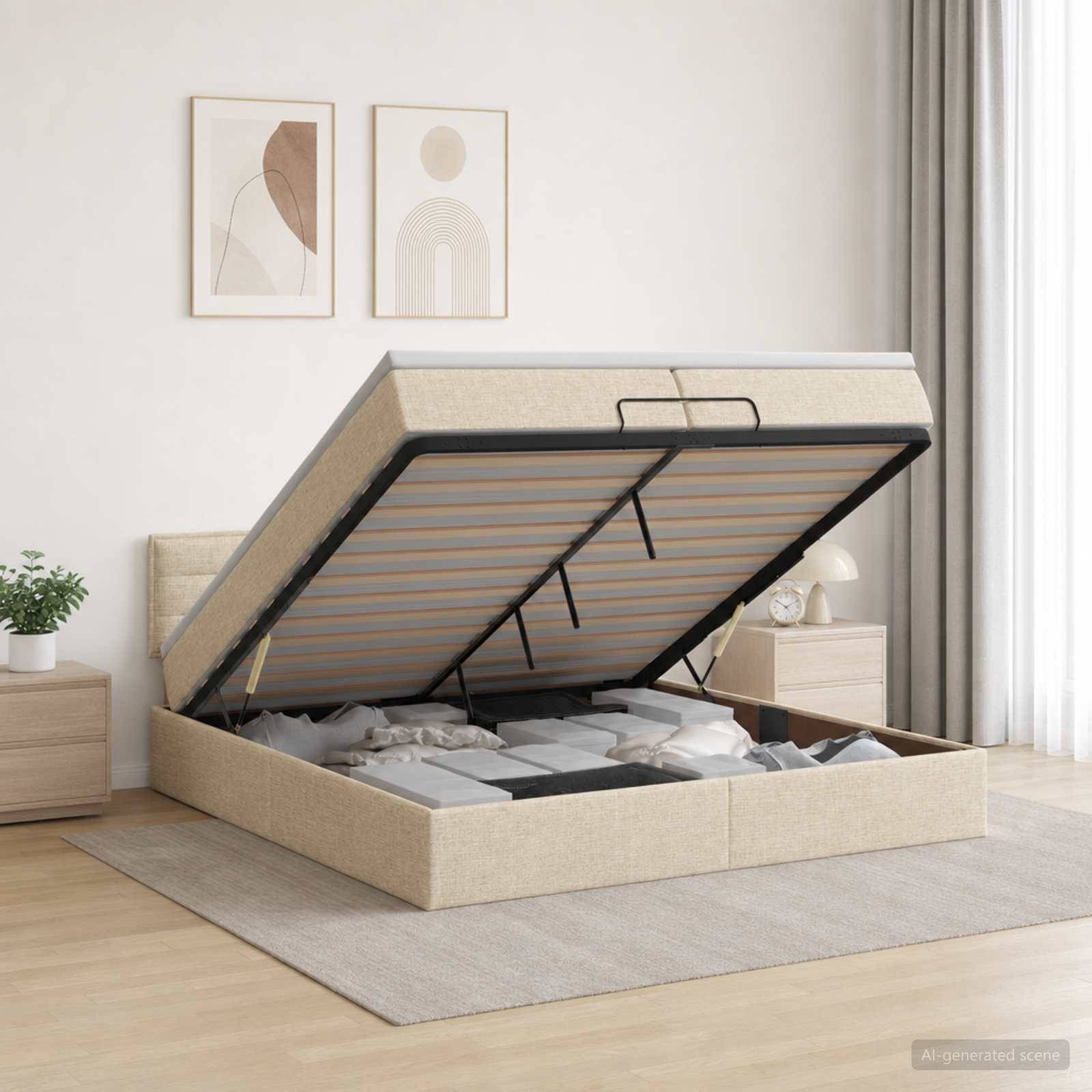 Beiges gepolstertes Lift-Speicherbett, das offene unter-Bett-Lagerung zeigt, dargestellt in einem hellen minimalistischen Schlafzimmer.