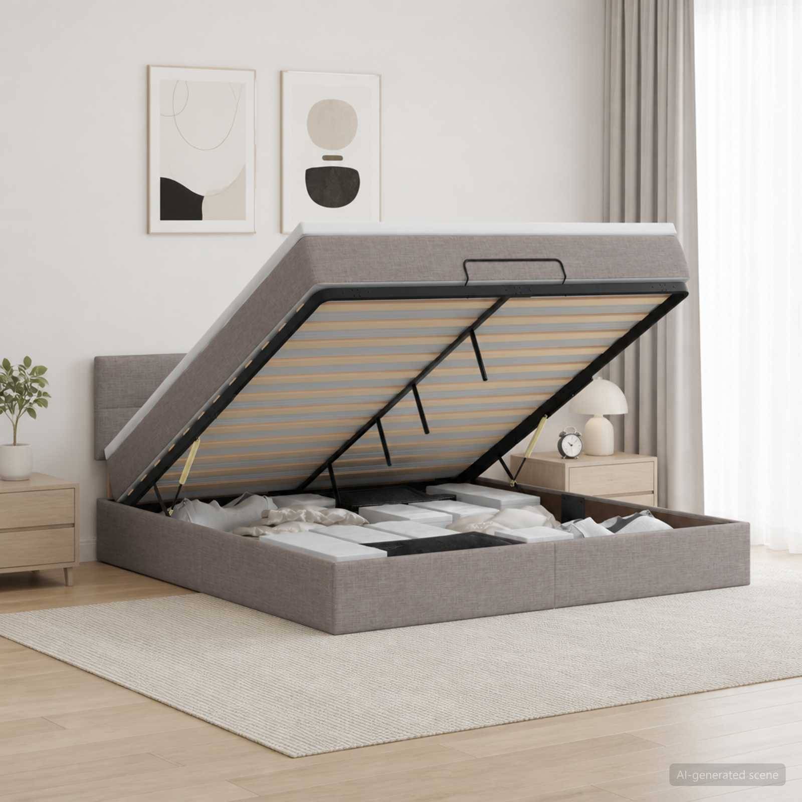 Gepolstertes Speicherbett mit Matratzenunterlage hochgeklappt, das den Stauraum im Inneren in einem modernen Schlafzimmer offenbart.