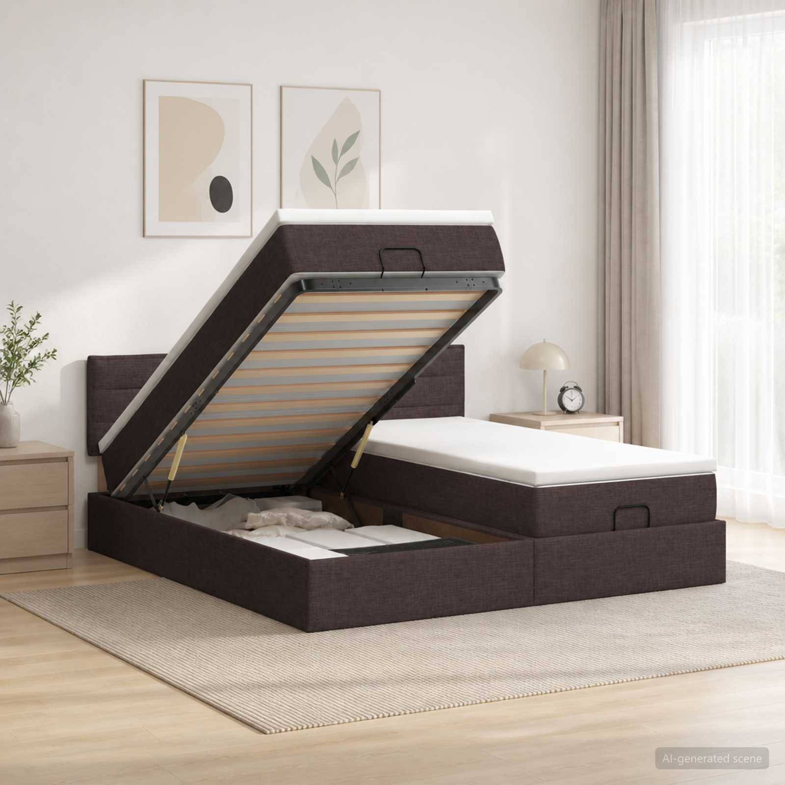 Dunkles gepolstertes Bett mit Stauraumbasis und angehobener Matratzenplattform, die darunter liegende Fachkompartimente in einem hellen minimalistischen Schlafzimmer offenbaren.