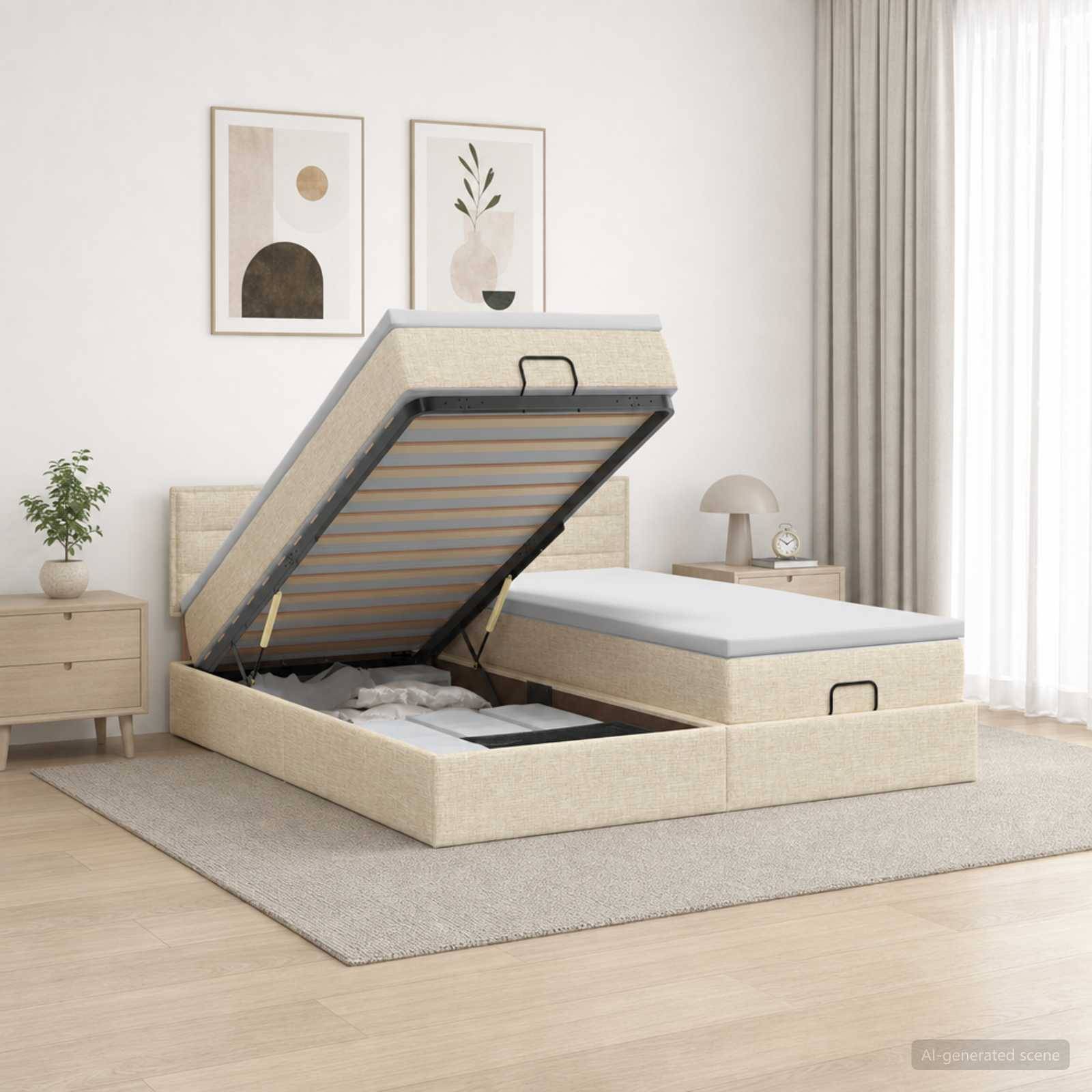 Polsterbett mit Stauraum, bei dem die Matratzenplattform angehoben ist, um den Stauraum unter dem Bett in einem hellen, minimalistischen Schlafzimmer freizulegen.