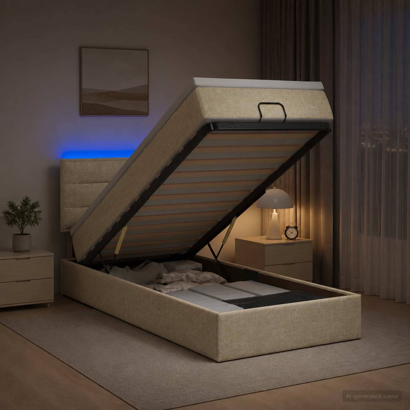 Modernes gepolstertes Bett mit Hubmechanismus und offenfach für die Matratze, das unter dem Bett befindlichen Stauraum in einem sanft beleuchteten Schlafzimmer zeigend.