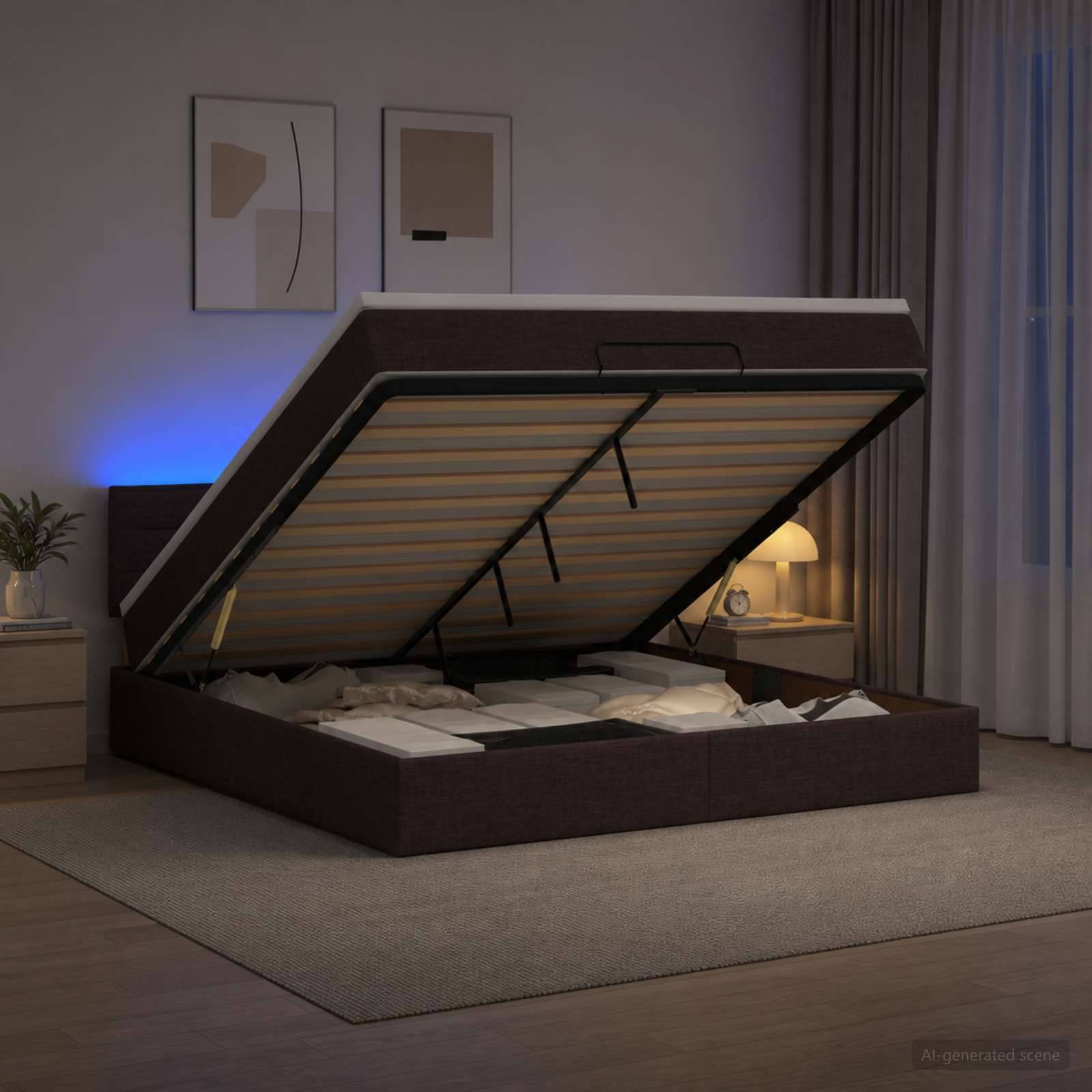 Modernes Bett mit gepolsterter Speicherbasis und angehobenem Matratzenpodest, das das Unter-Bett-Fach in einem sanft beleuchteten Schlafzimmer zeigt.