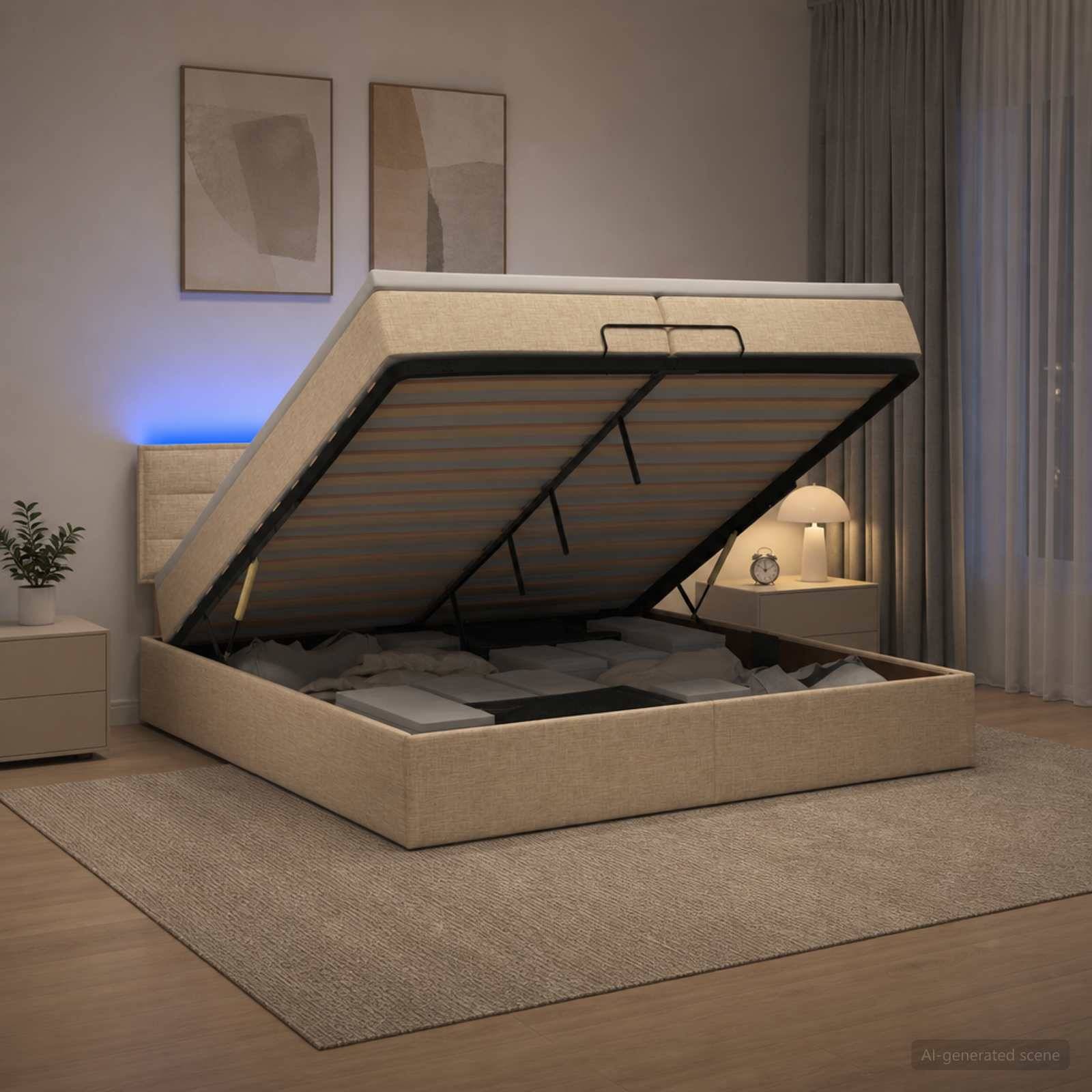 Beige gepolstertes Speicherbett mit geöffneter Matratze, die den Stauraum unter dem Bett in einem modernen Schlafzimmer zeigt.