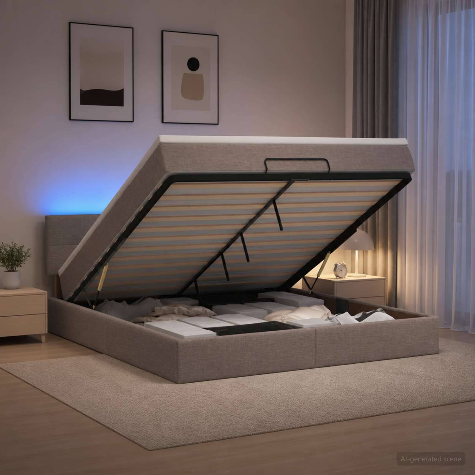 Ein mit Stoff bezogenes Bett mit angehobenem Lattenrost, der den Stauraum darunter in einem modernen Schlafzimmer offenlegt.