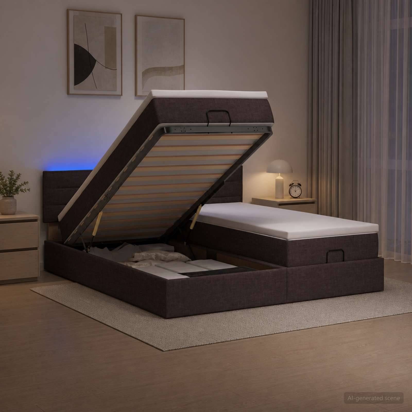 Modernes Schlafzimmer mit einem offenen Ottoman-Speicherbett, das die Matratzenunterlage und das Lagerungsfach zeigt, neben einem Nachttisch, einer Lampe und Wandkunst.