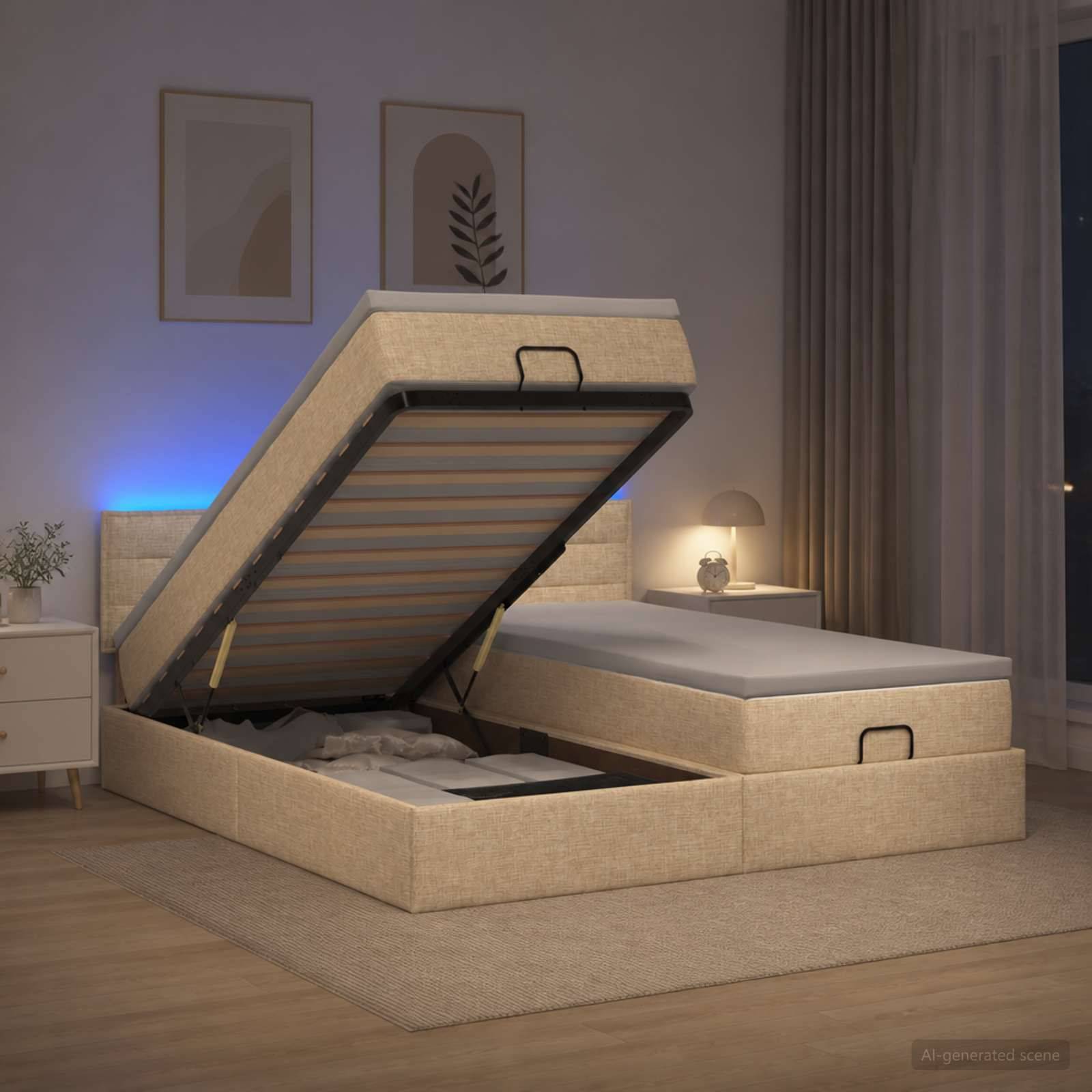 Modernes Polsterbett mit hochgehobenem Liegekomfort auf einer Stauraumbasis, die den Stauraum unter dem Bett in einem sanft beleuchteten Schlafzimmer freilegt.