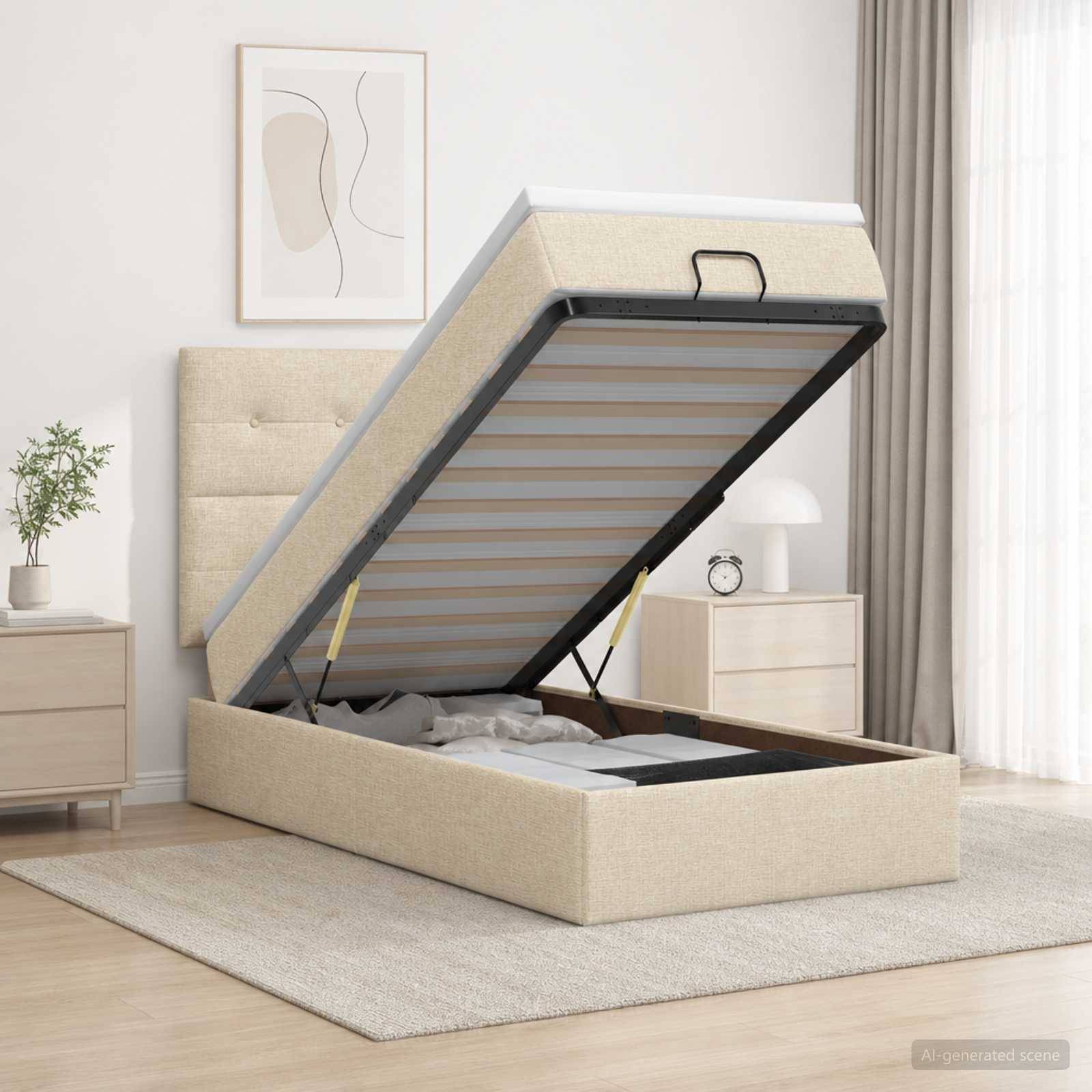 Beiges gepolstertes Bett mit geöffneter Hubbasis, die das Unterbett-Fach in einem hellen Schlafzimmer zeigt.