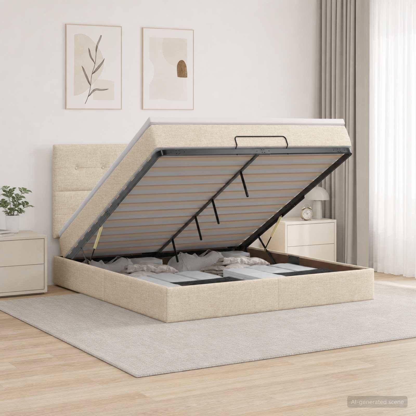 Beige gepolstertes Aufklappbett mit Stauraum und erhobener Matratzenunterlage, das die Unterboxenlagerung in einem hellen, minimalistischen Schlafzimmer zeigt.