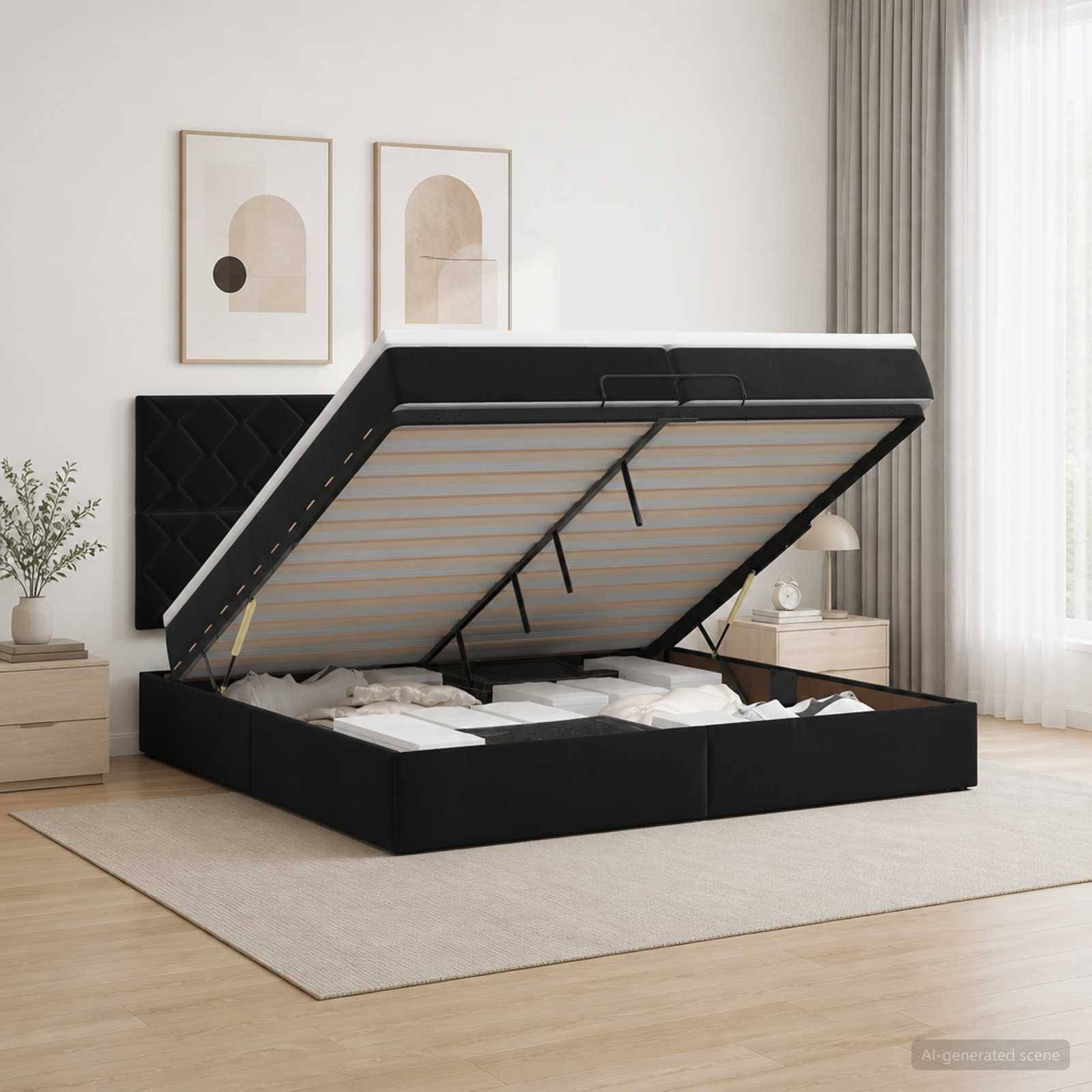 Schwarzes gepolstertes Hebebett mit Matratzenunterlage angehoben, wobei der Stauraum unter dem Bett in einem hellen Schlafzimmer sichtbar wird.