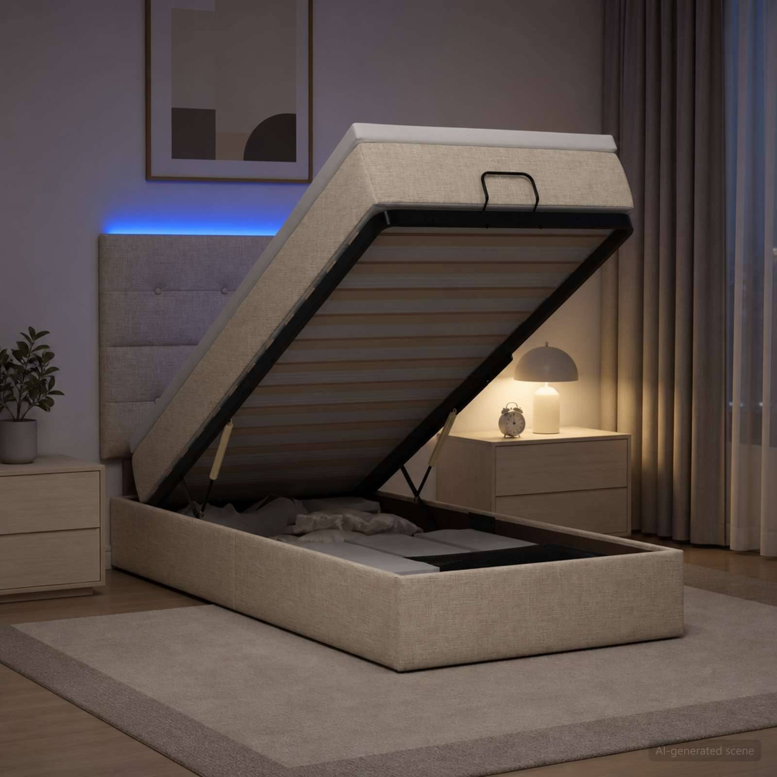 Polsterbett mit Hubbasis und Stauraum, geöffnet, um die Matratzenunterstützung und den Unterbett-Stauraum in einem modernen Schlafzimmer zu zeigen.