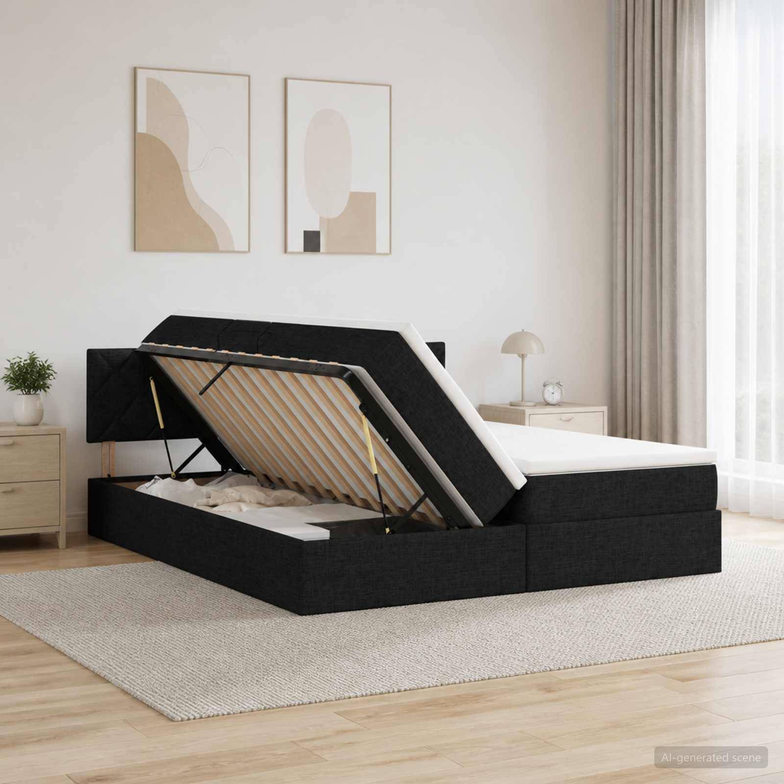Schwarz gepolstertes Bett mit Hubmechanismus geöffnet, um den Stauraum unter dem Bett in einem minimalistischen Schlafzimmer mit Nachttischen und Wandkunst zu zeigen.