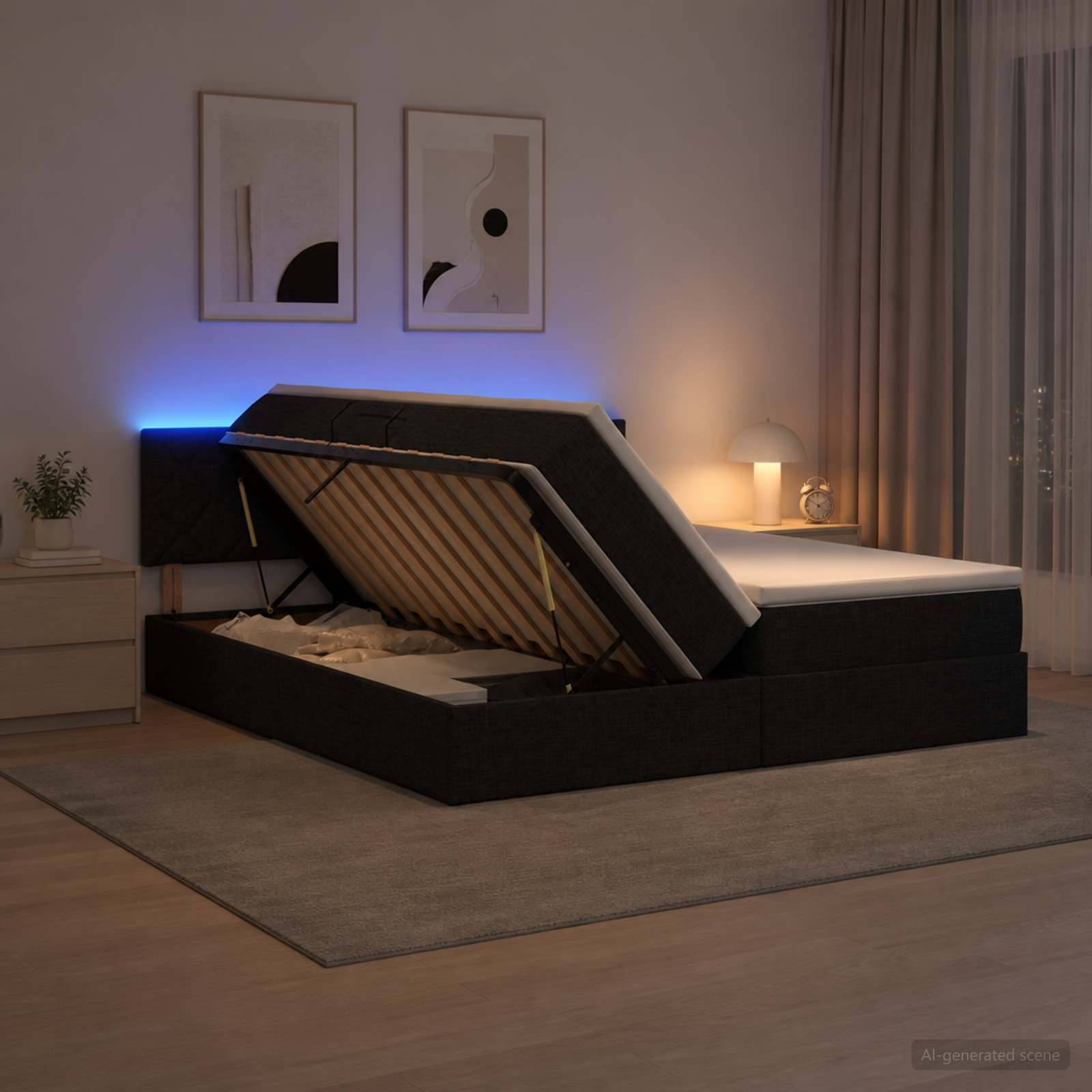 Schlafzimmer mit einer verstellbaren Bettbank, die hochgeklappt ist, um einen Stauraum freizugeben, neben einem Nachttisch und einer Lampe mit blauem hinterleuchtetem Kopfende.