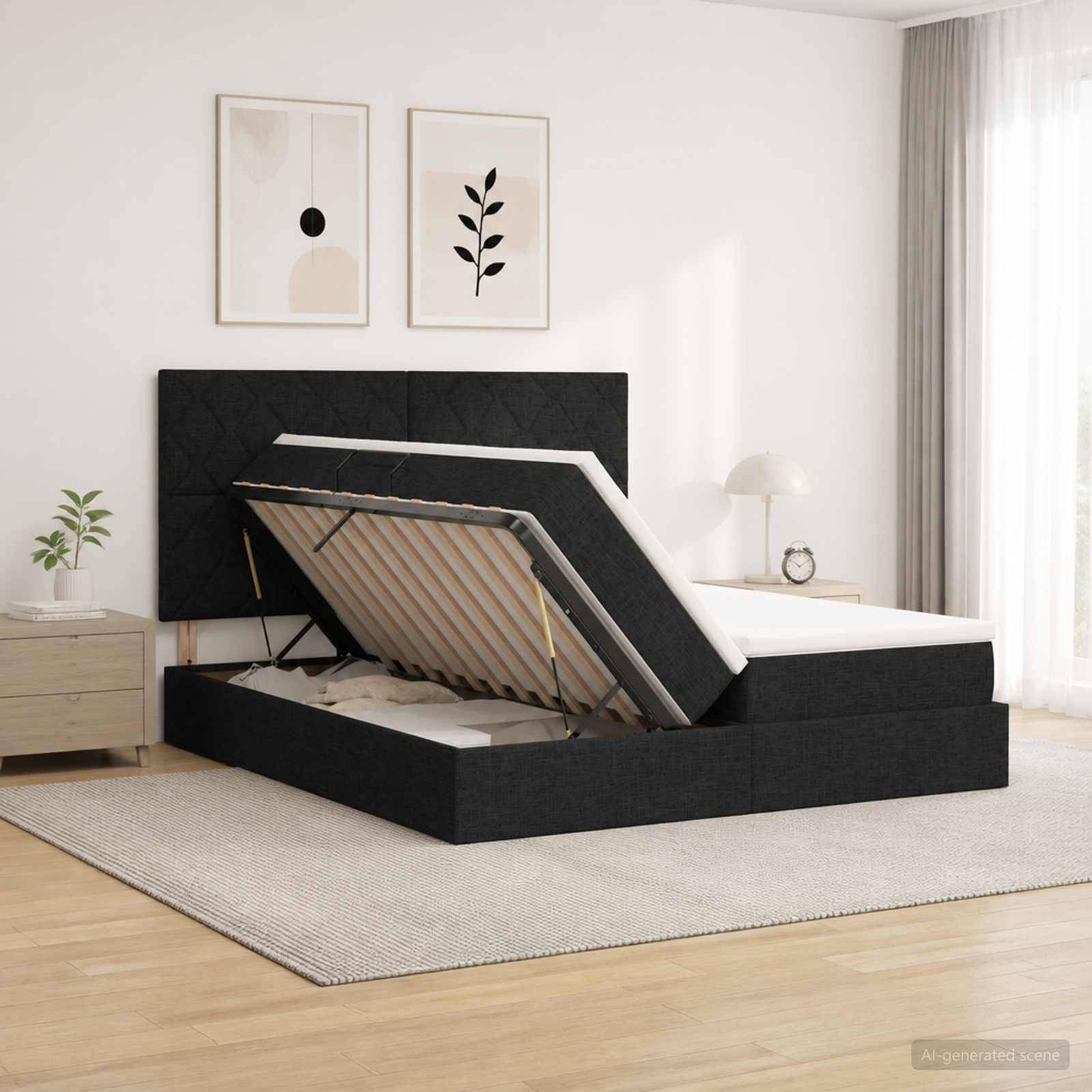 Modernes Schlafzimmer mit einem schwarzen gepolsterten Bett mit Hubspeicher, das offen ist und die Matratzenunterlage zeigt, neben einem Nachttisch und einer Wandkunst.