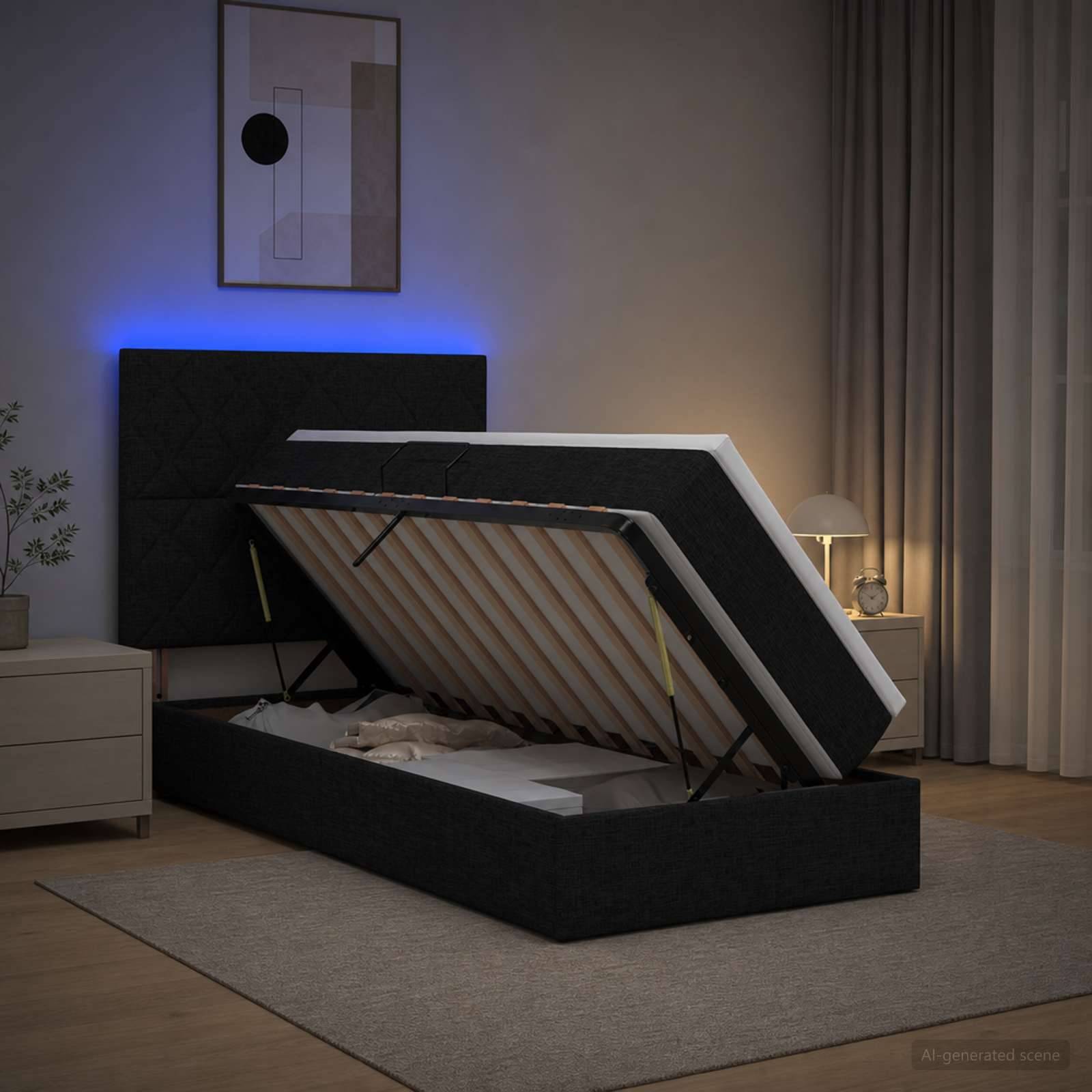 Modernes Schlafzimmer mit einem gepolsterten Bettrahmen, der durch Gasfedern hochgeklappt ist und das Stauerfach im Inneren zeigt.