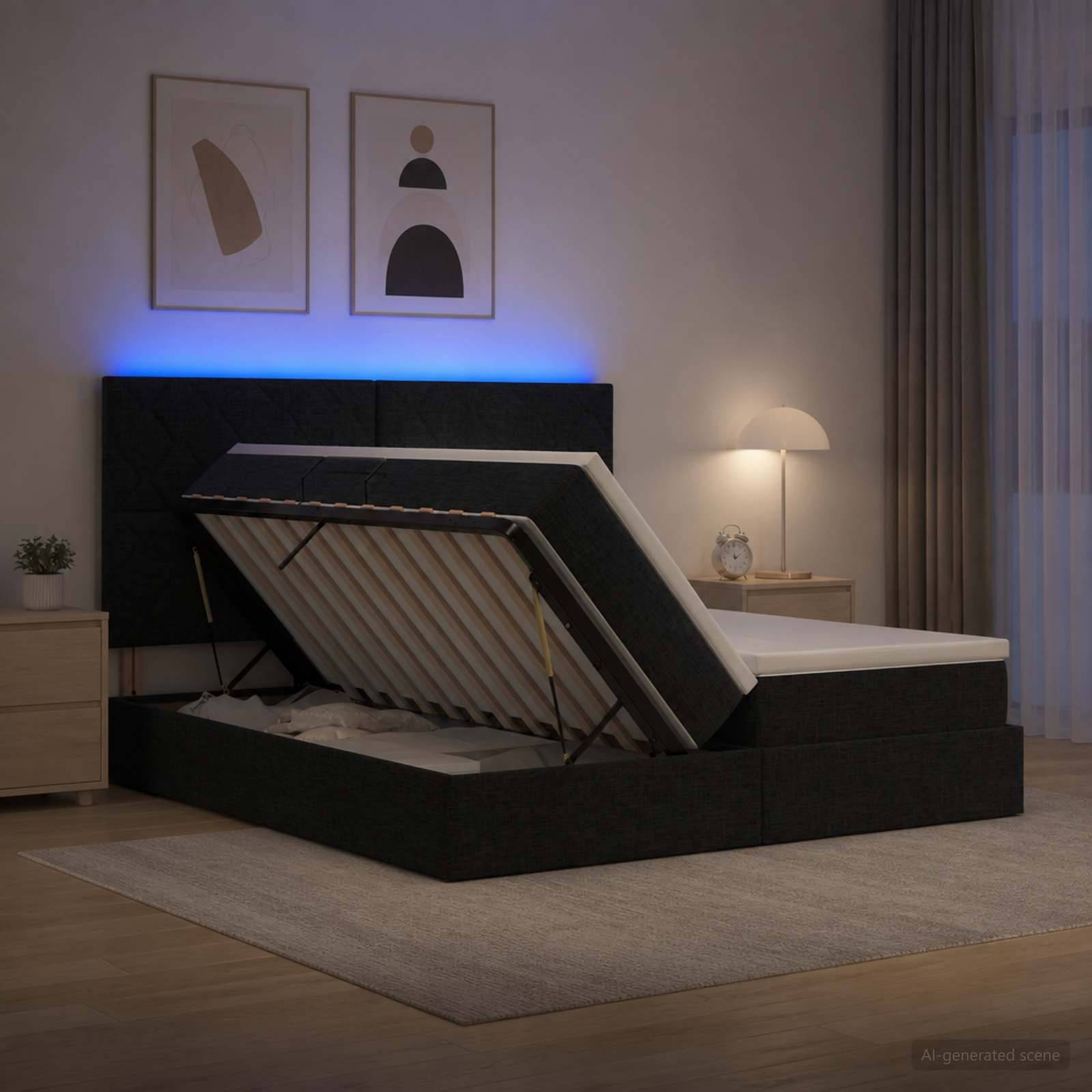 Modernes Schlafzimmer mit einem gepolsterten Bettrahmen, der geöffnet ist und eine angehobene Matratze sowie eine Speicherbasis offenbart, beleuchtet durch eine Nachttischlampe und blaues Kopfleuchten-Licht.