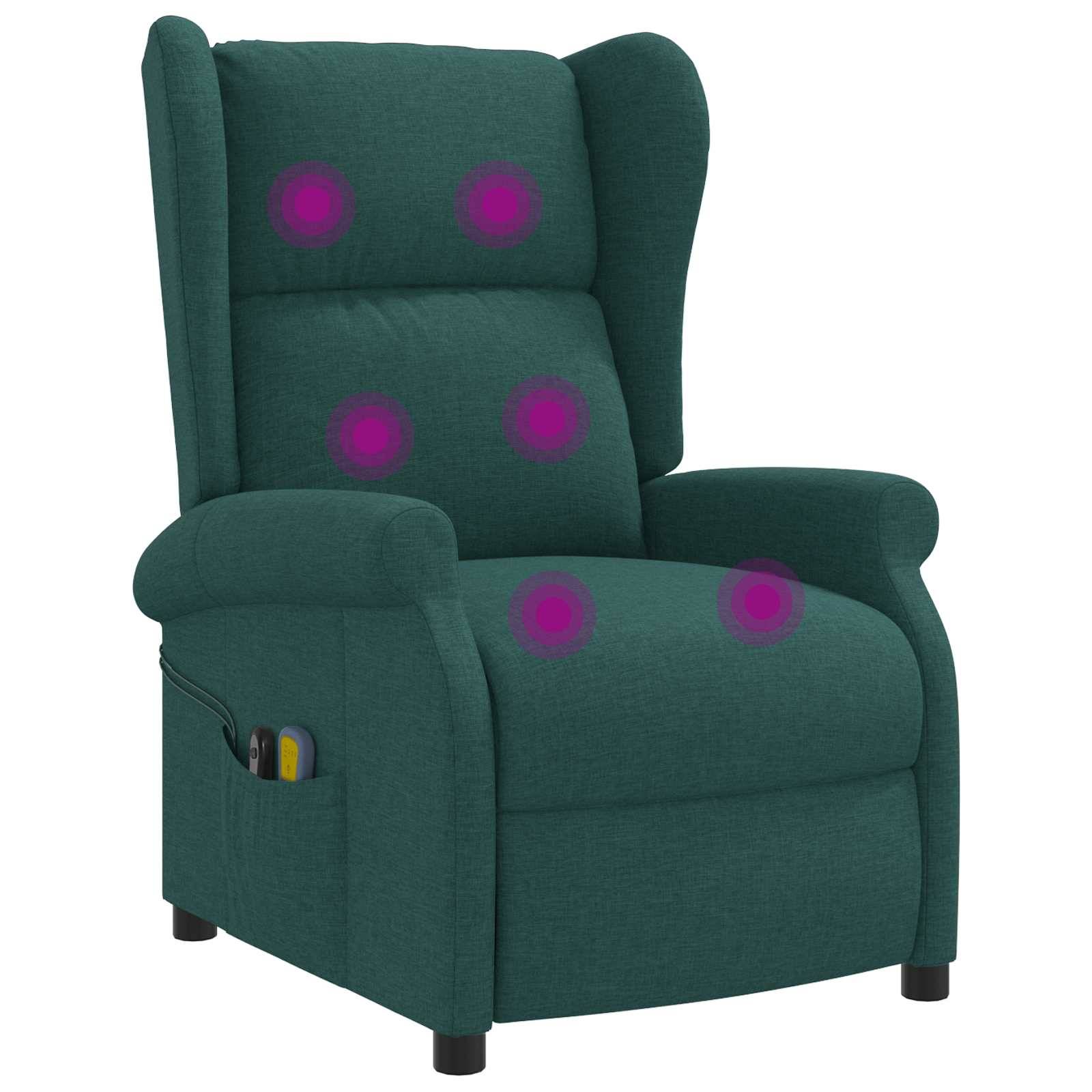 Grüner Relaxsessel mit violett markierten Druckpunkten, die Massage- oder Stützzonen anzeigen.