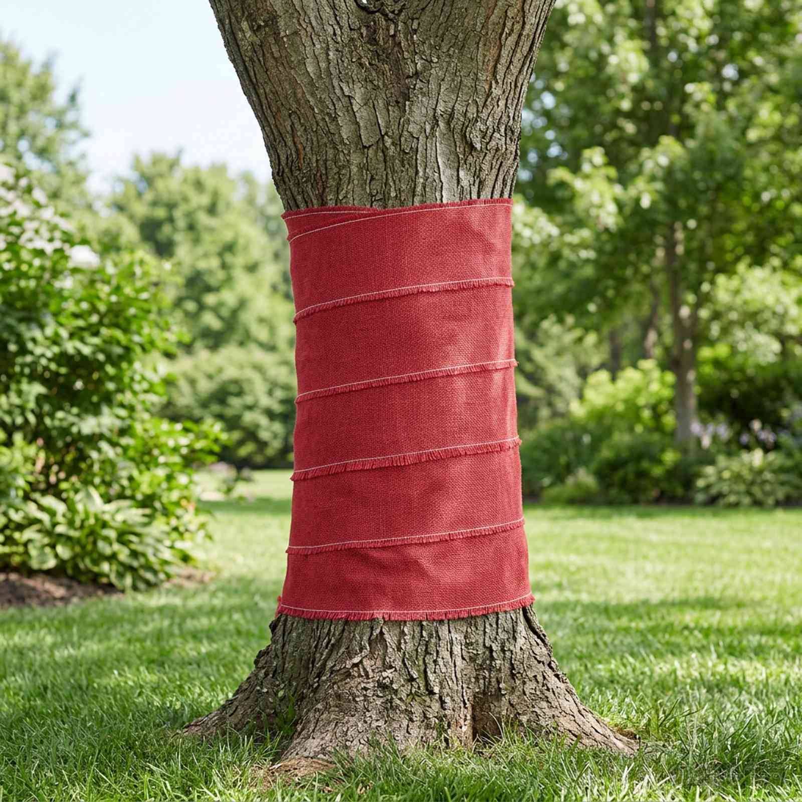Baumstamm mit einem roten Schutzstoff umwickelt in einem Graspark oder Garten.