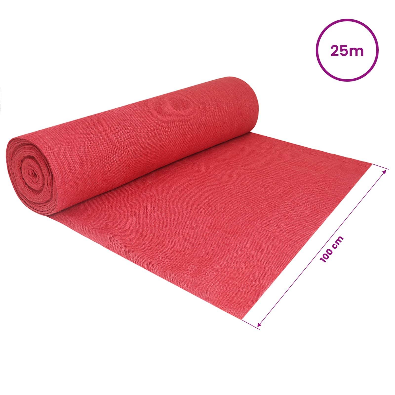Aufgerollte rote Stoffmatte auf weißem Hintergrund, beschriftet mit 25m und 100 cm.