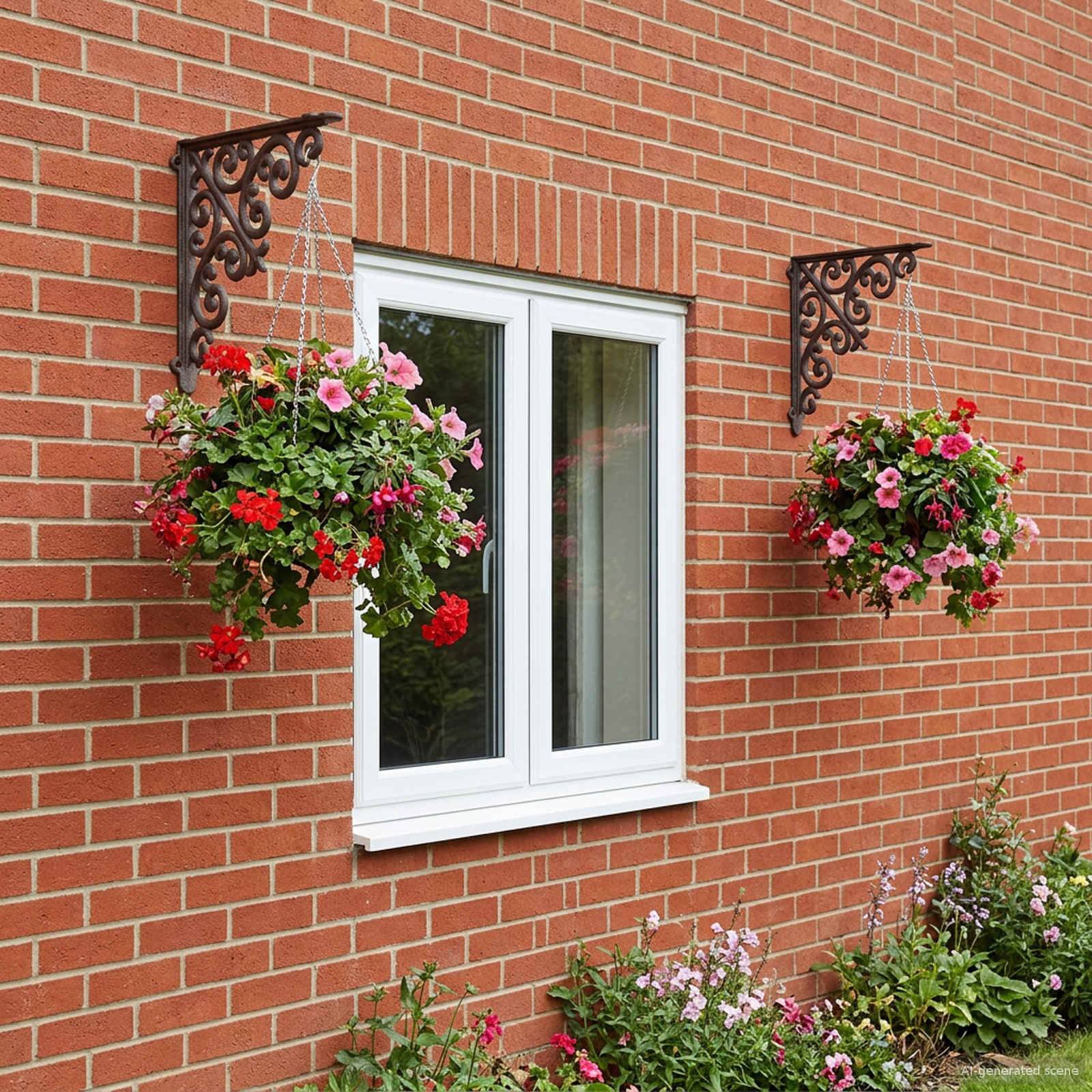 Ziegelsteinmauer eines Hauses mit einem Fenster mit weißem Rahmen und zwei hängenden Blumenkörben mit roten und rosa Blumen sowie Blumenbeeten darunter.