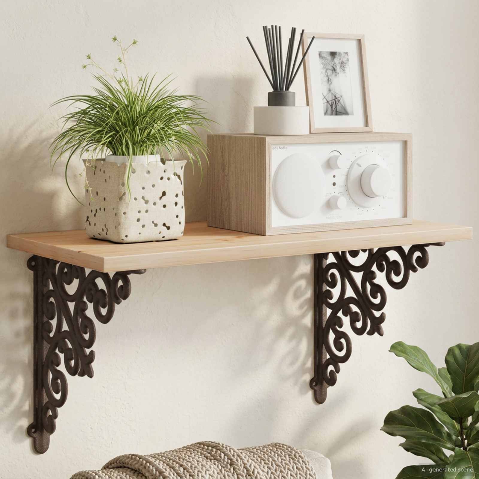 Holzwandregal mit ornamentalen schwarzen Halterungen, das eine Topfpflanze, eine dekorative Schachtel, Diffuserstäbchen und ein gerahmtes Bild über einem Sofa hält.