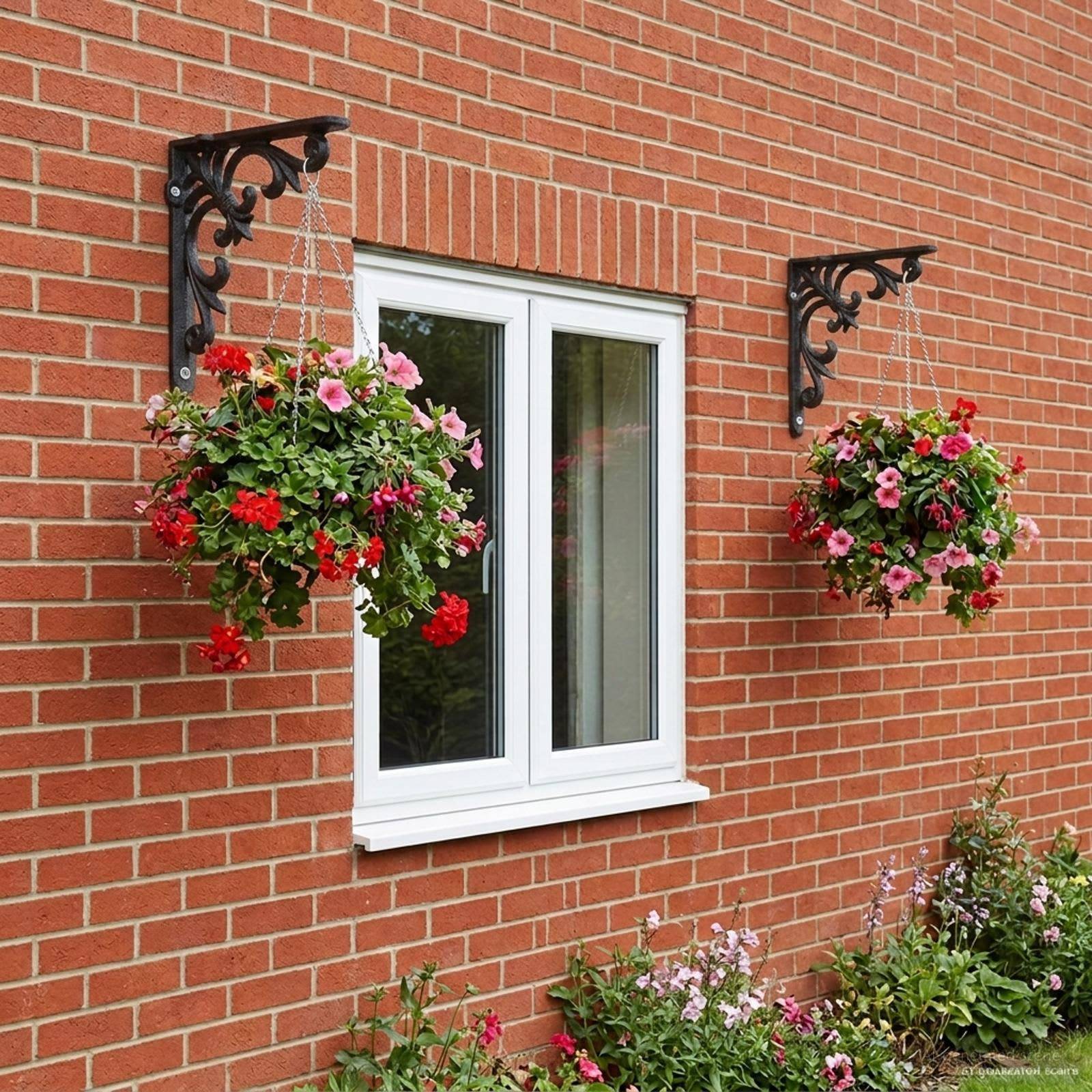 Rote Backsteinhauswand mit weißem Fenster, hängende Blumenkörbe an schwarzen Halterungen und ein Blumenbeet darunter.