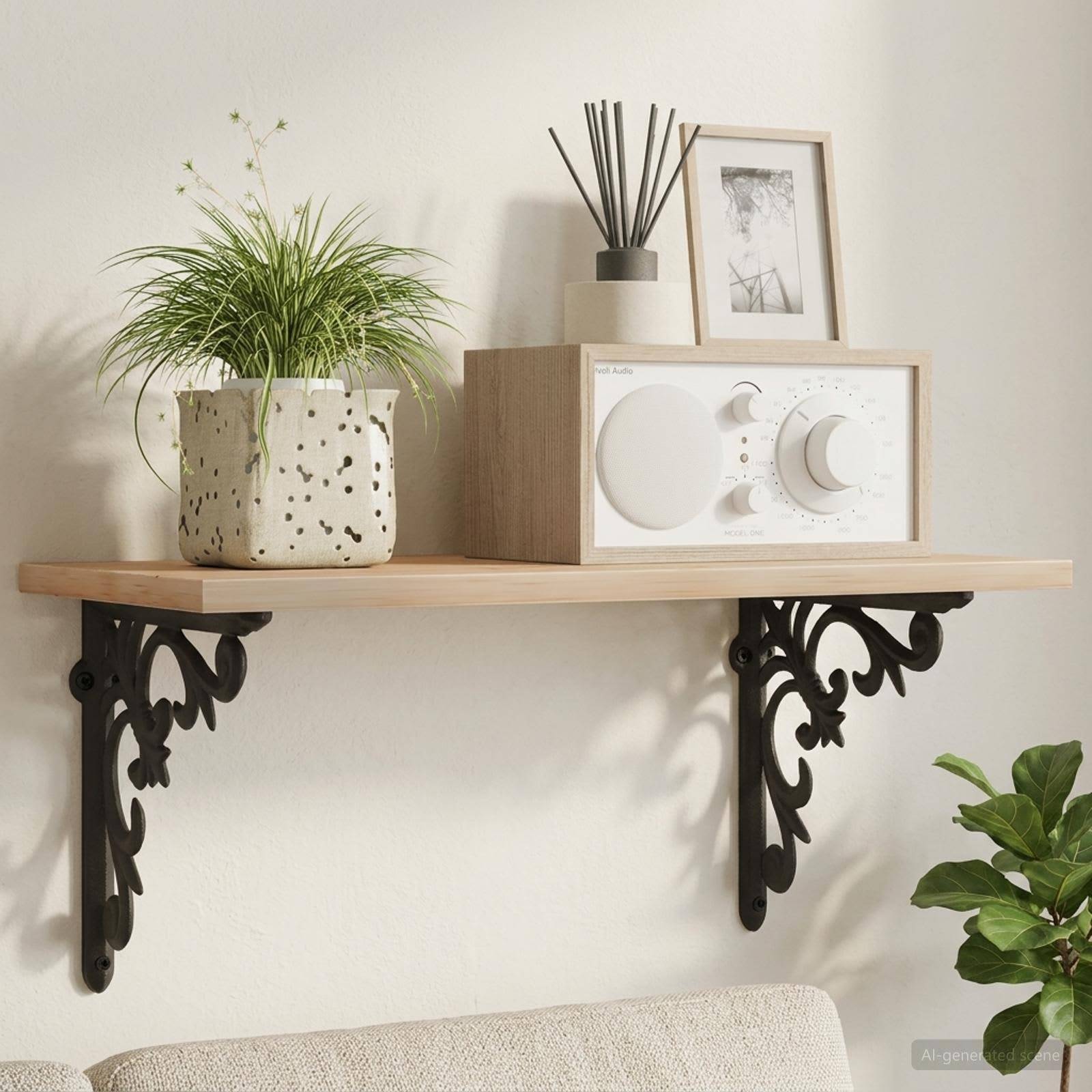 Wandregal mit einer Topfpflanze, einem gerahmten Foto, einem Raumduft-Diffusor und einem Vintage-Radio über einem Sofa.