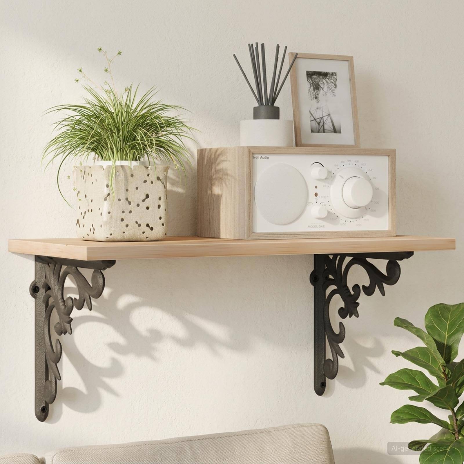 Minimalistisches hölzernes Wandregal mit ornamentalen schwarzen Halterungen, das eine Topfpflanze, ein weißes Radio und kleine Dekorationsgegenstände an einer hellen Wand hält.