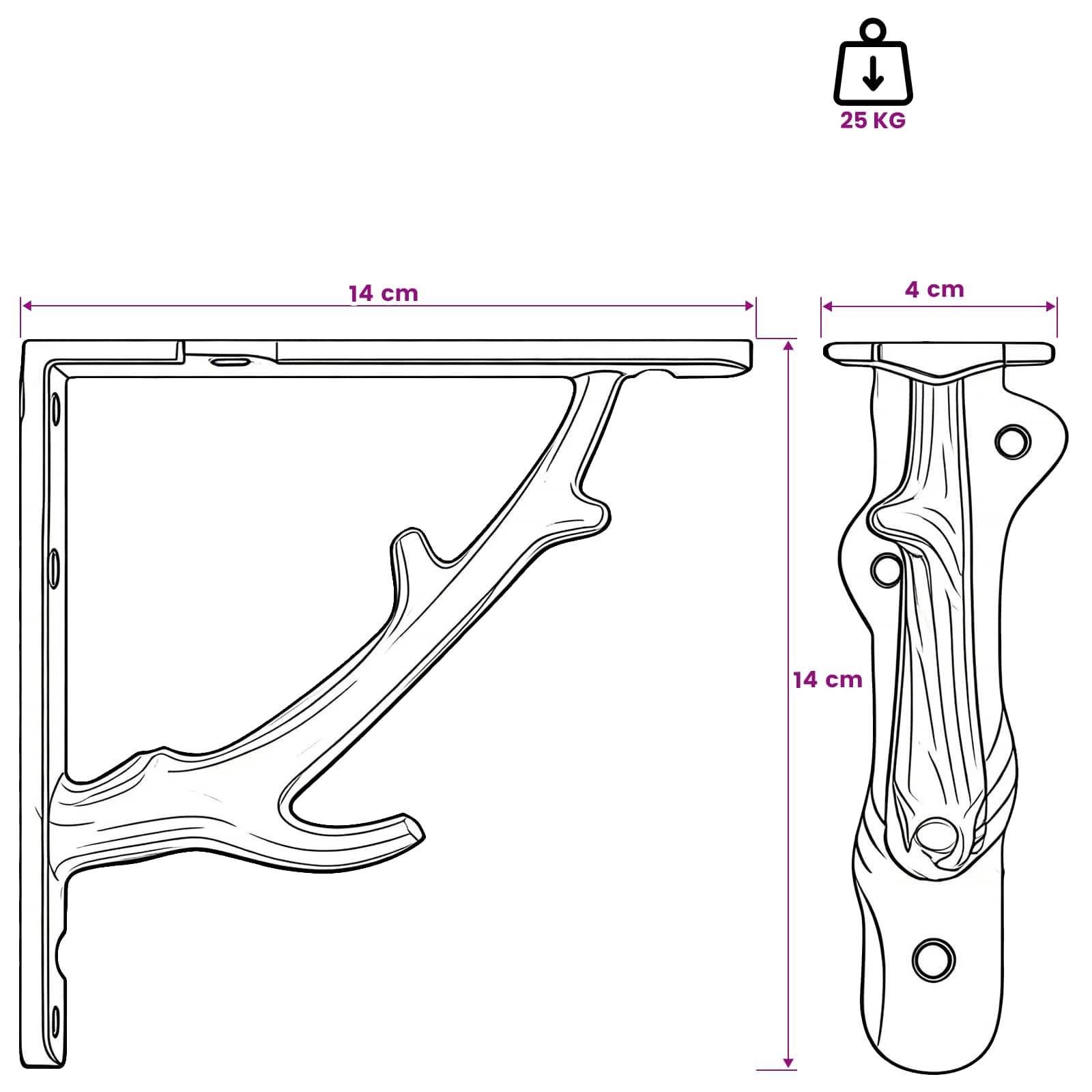 Illustration einer Wandregalhalterung mit den Abmessungen 14 cm Breite, 14 cm Höhe, 4 cm Tiefe und einer Tragfähigkeit von 25 kg.