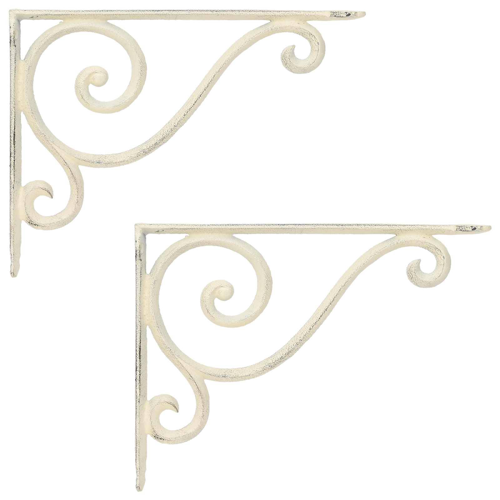 Zwei dekorative Regalbrackets aus Creme-Metall mit verziertem Schnörkelwerk auf weißem Hintergrund.