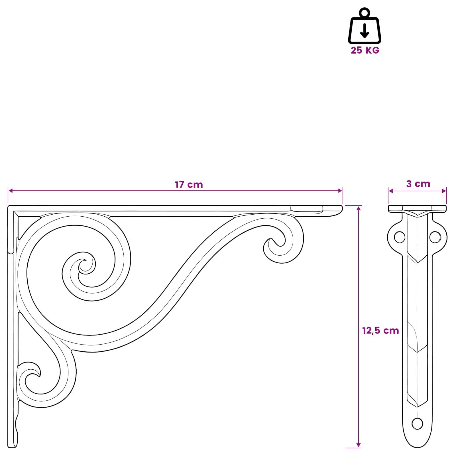 Technische Zeichnung einer dekorativen Regalhalterung mit den Abmessungen 17 cm breit, 12,5 cm hoch, 3 cm tief und einer Tragfähigkeit von 25 kg.
