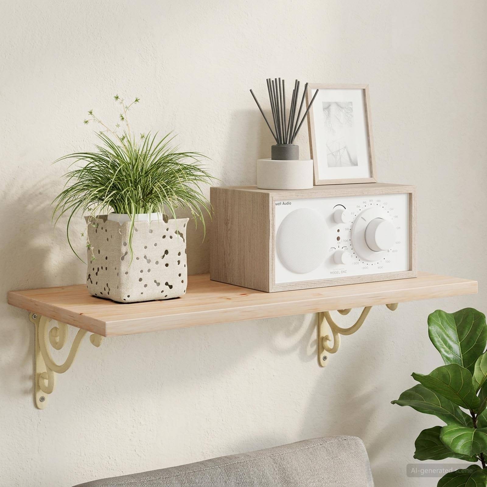 Schwebender Holzregal mit einer Topfpflanze, Radio, Diffuser und gerahmter Kunst über einem hellen Sofa, das ein minimalistisches Wanddisplay schafft.