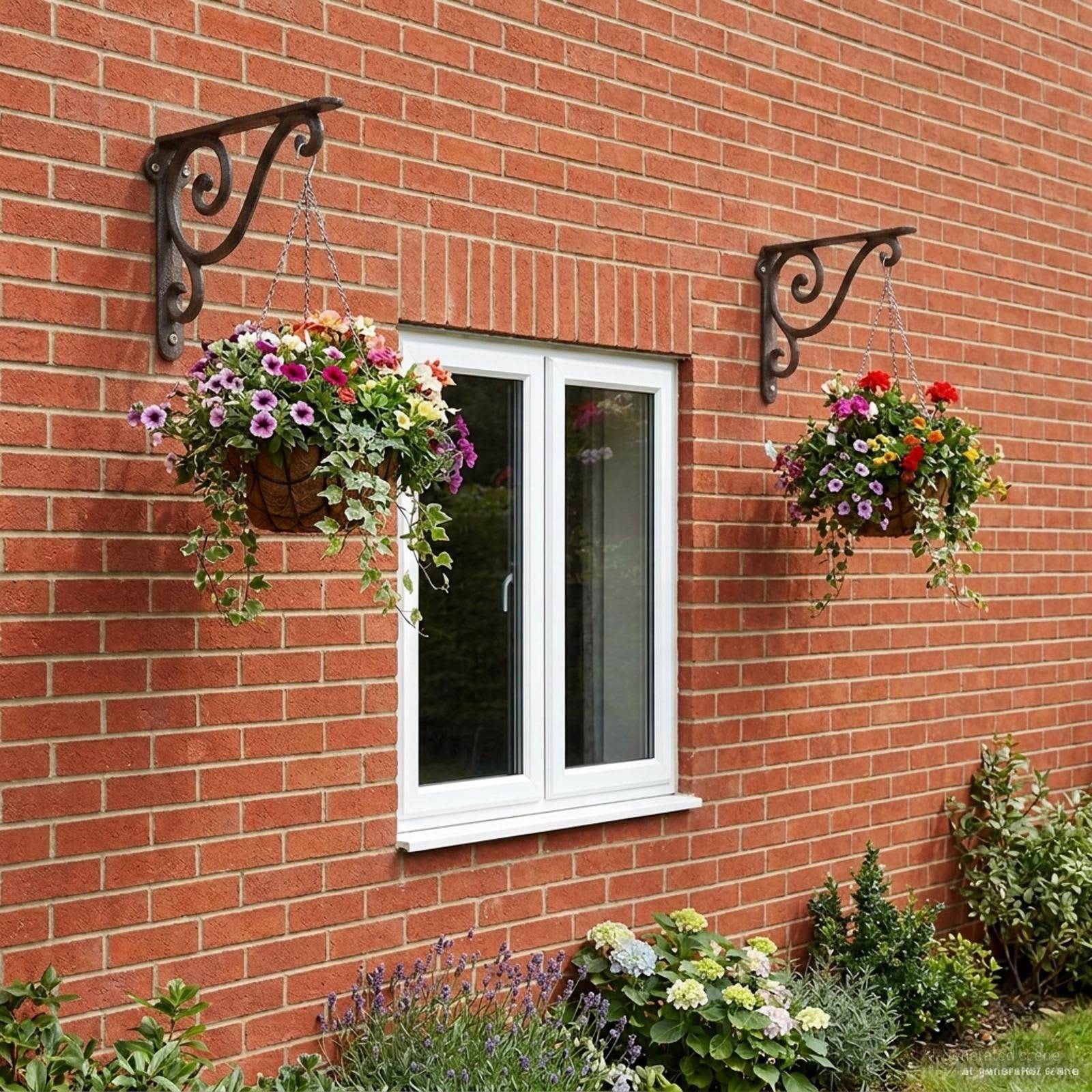 Backsteinhaus-Mauer mit einem weißen Fenster und zwei hängenden Blumenkörben auf dekorativen Halterungen sowie Gartenpflanzen darunter.