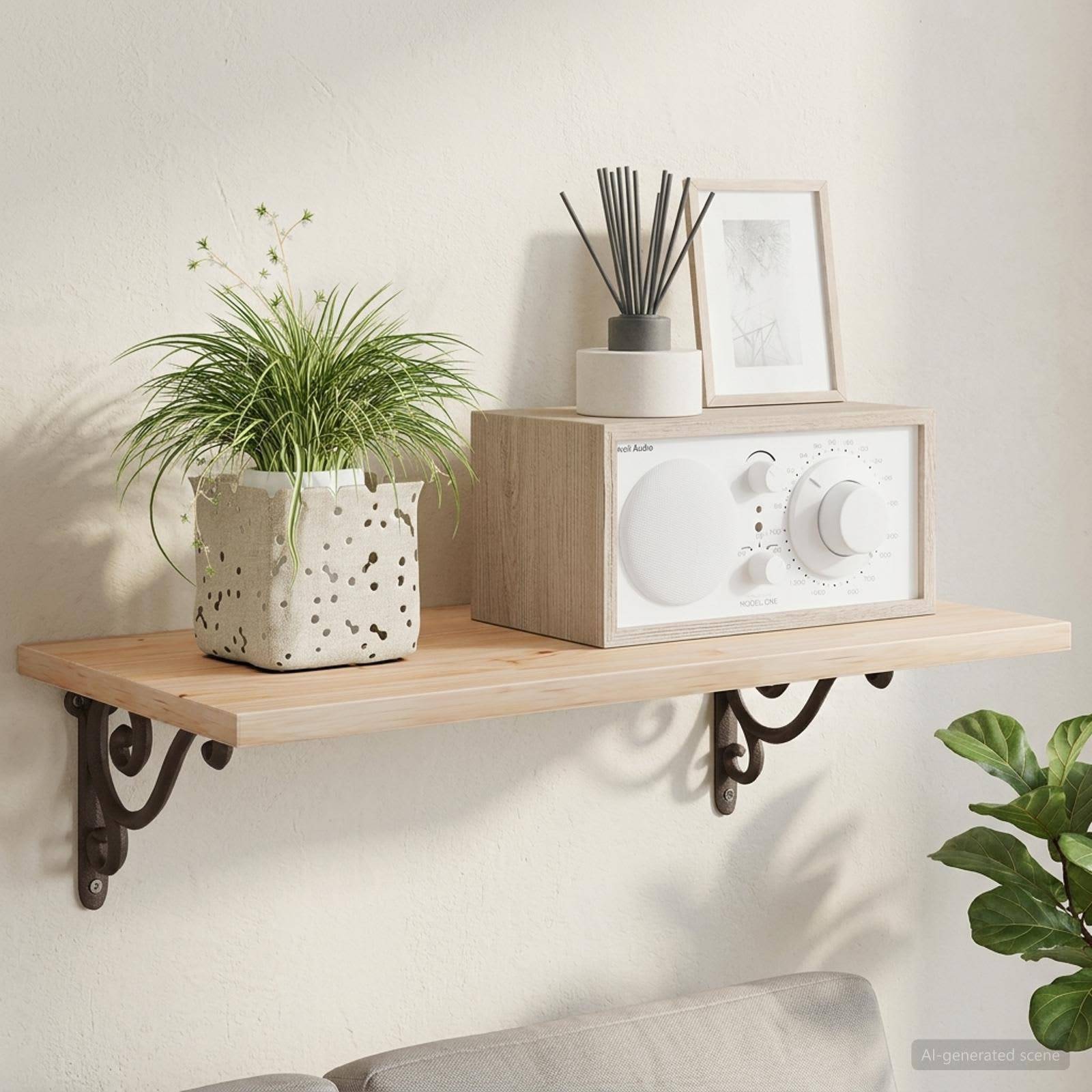 Wandmontiertes Holzregal mit dekorativer Pflanze, gerahmter Kunst, Raumduft-Diffuser und einer kleinen hölzernen Aufbewahrungsbox oder einem Lautsprecher; Couch darunter und Pflanze auf der rechten Seite.